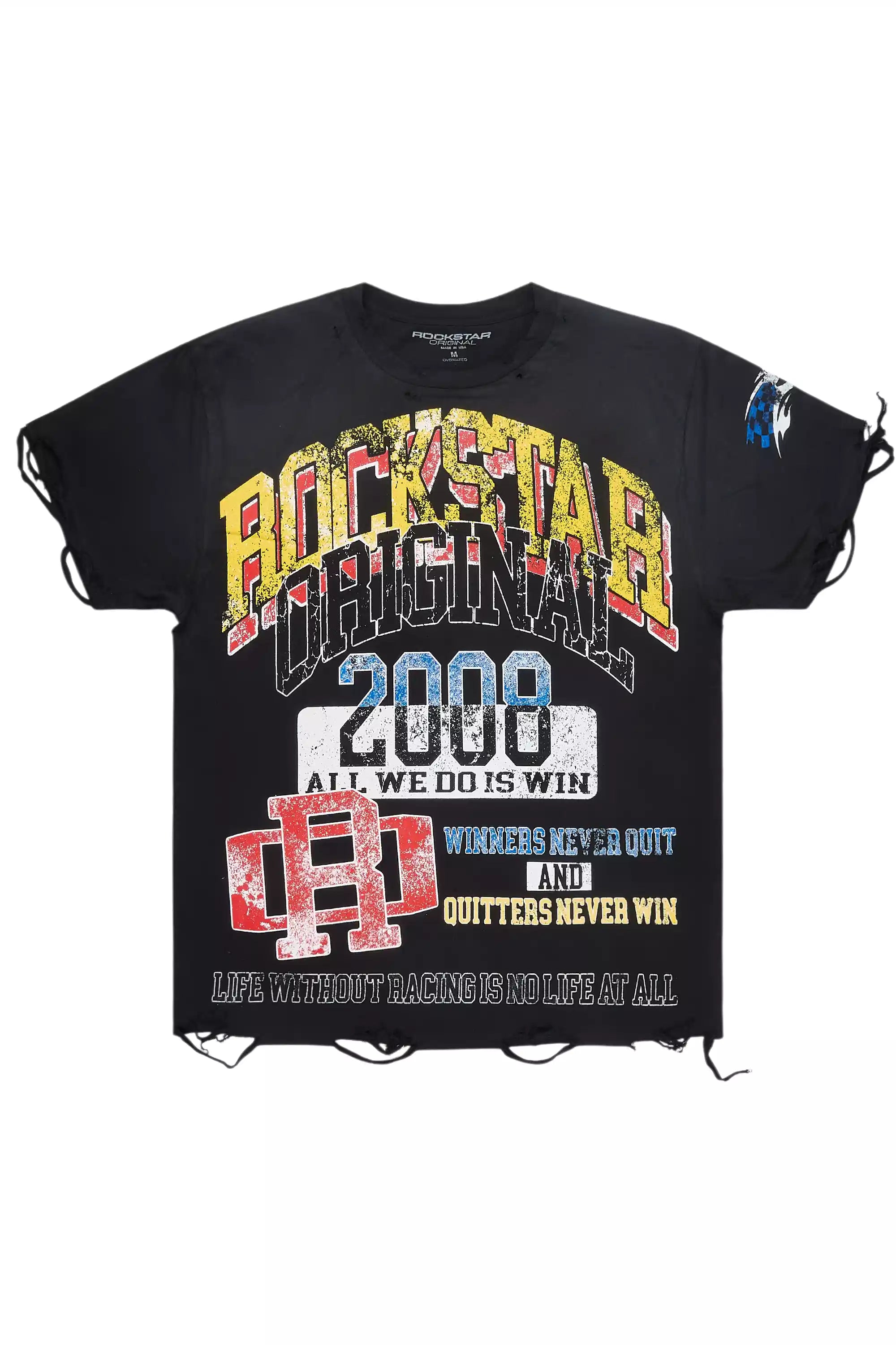 Colorful Race Black Oversized Distressed Graphic T-Shirt