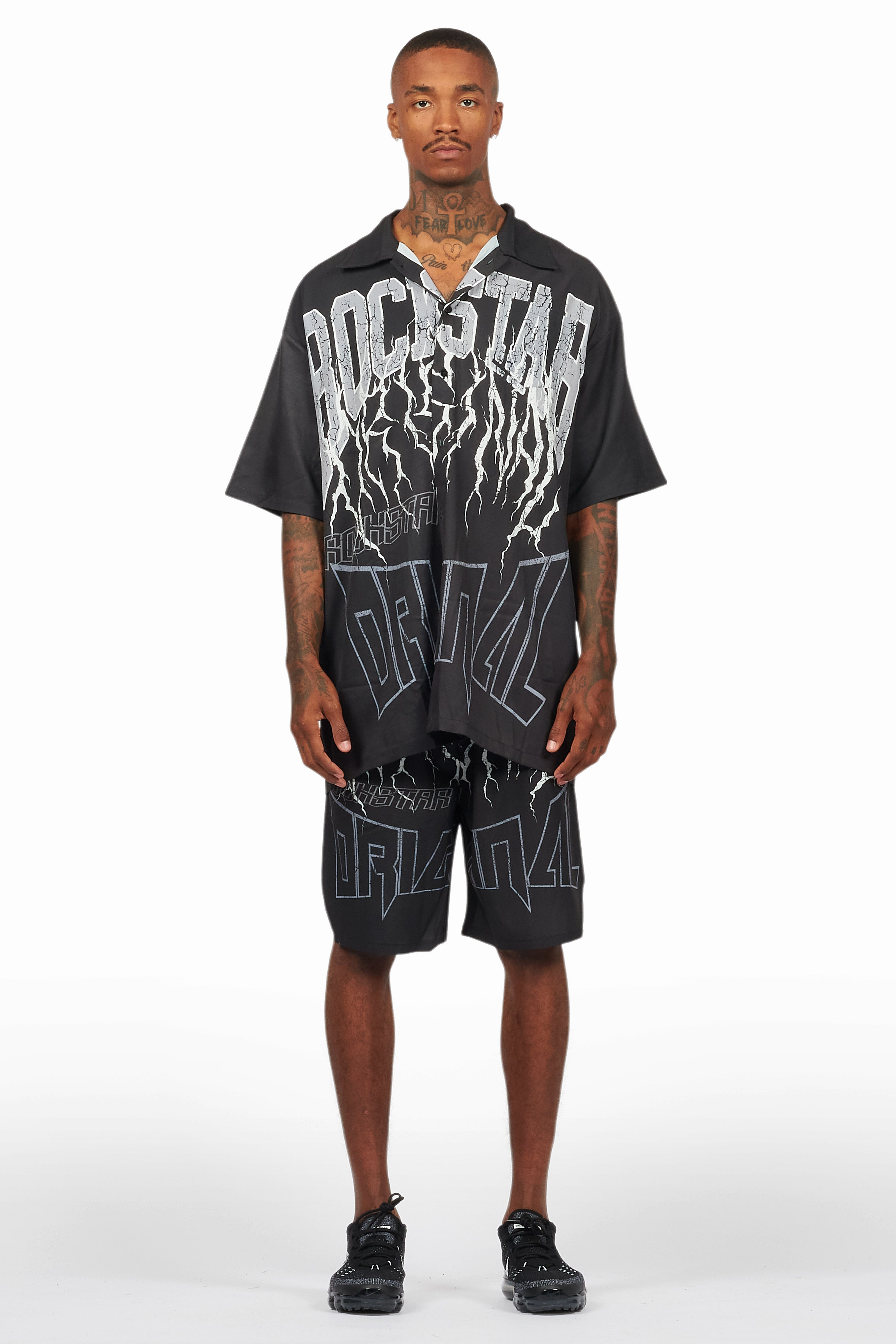 Hustle Black Button Down Short Set