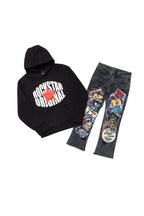 Boys Ezra Black Hoodie & Espen Stacked Flare Jean Set