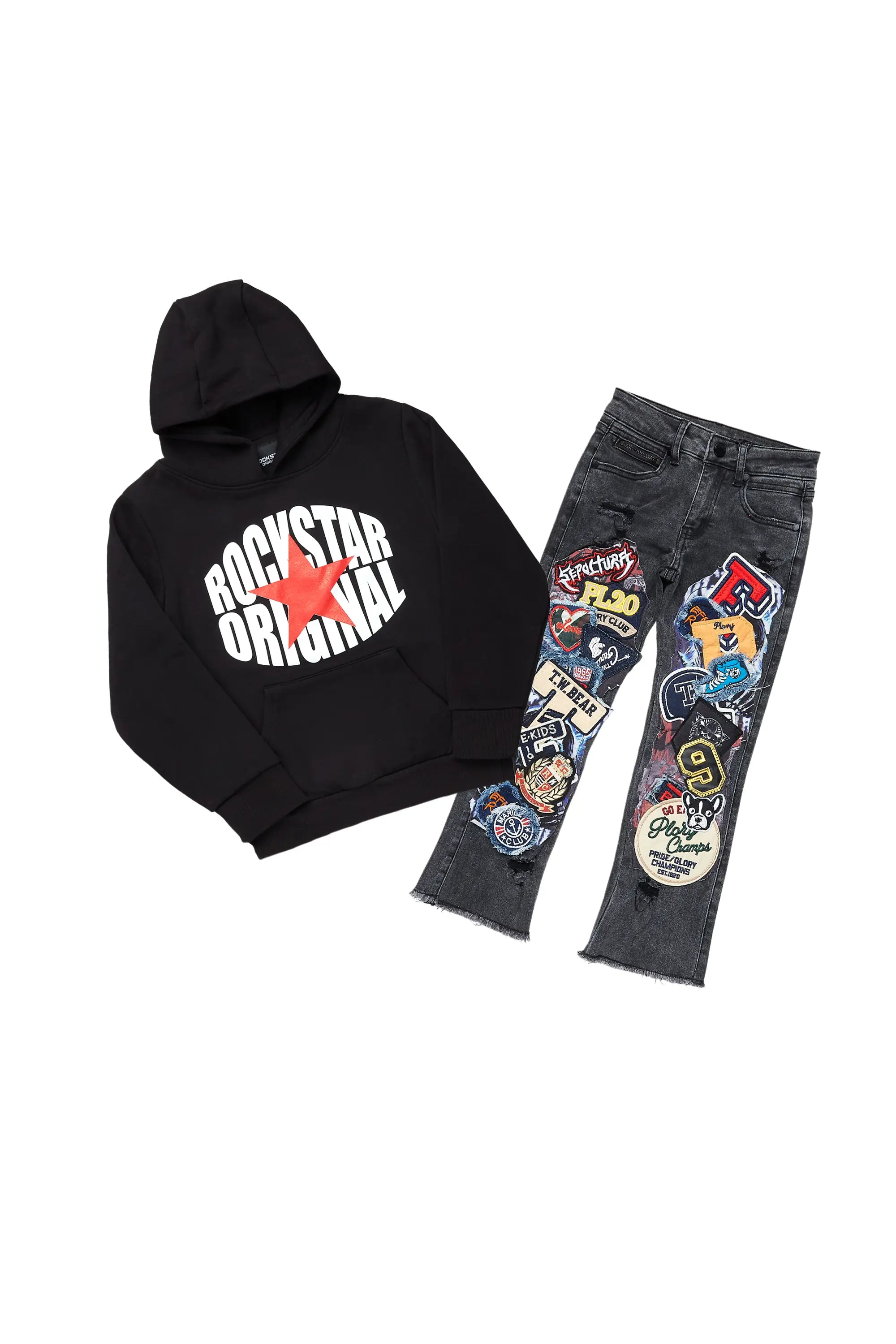 Boys Ezra Black Hoodie & Espen Stacked Flare Jean Set