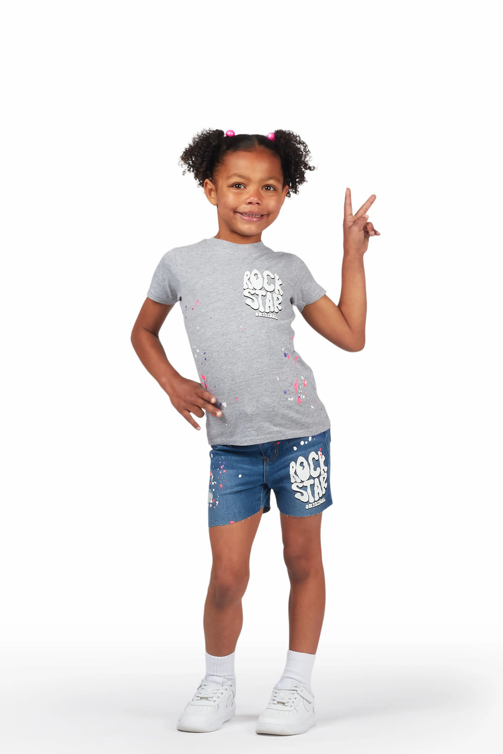 Girls Adrina Grey/Blue T-Shirt Denim Short Set