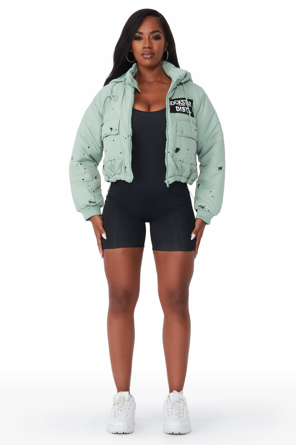 Zayla Sage Green Art Dist. Puffer Jacket