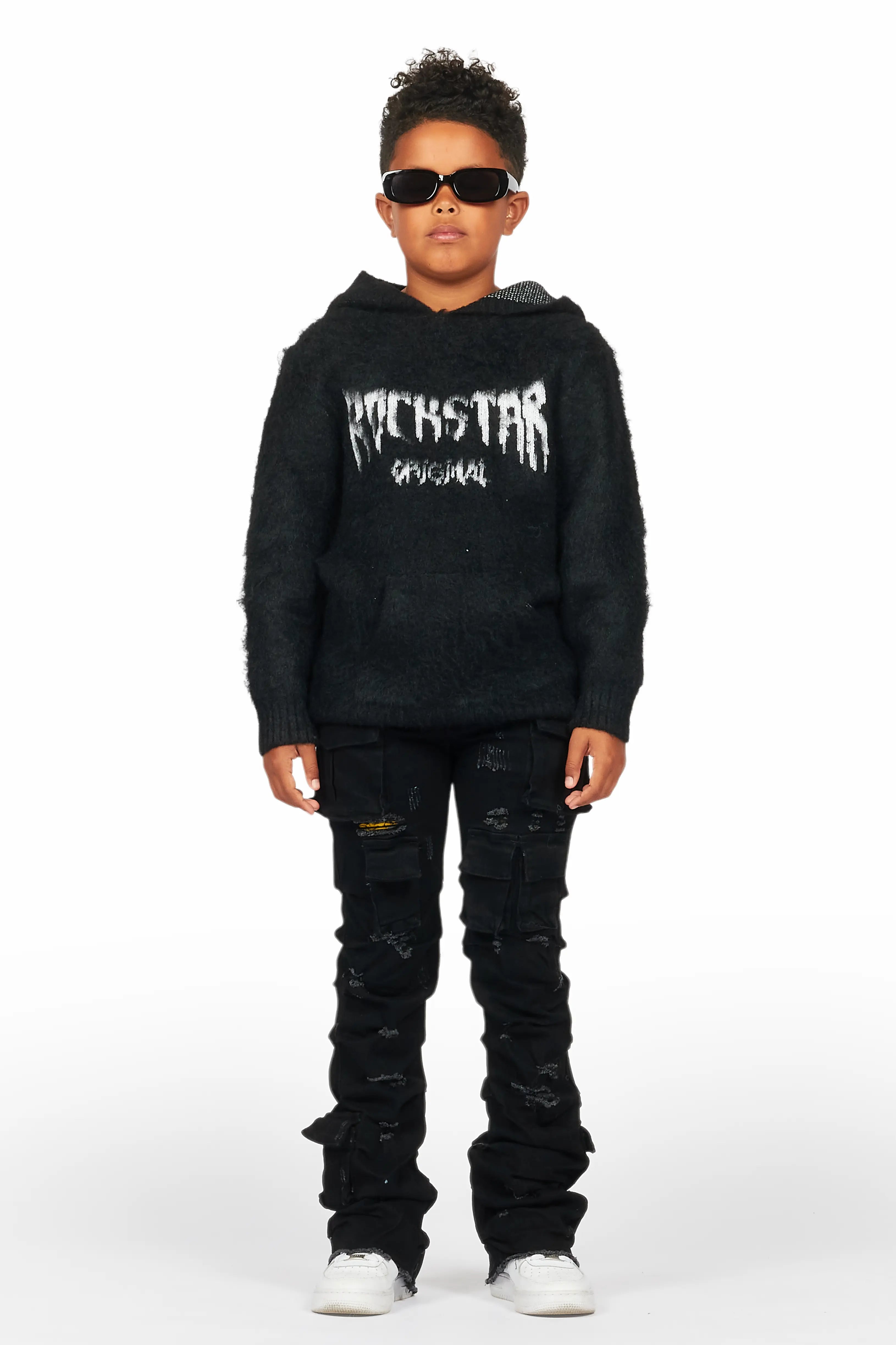 Boys Andros Black Mohair Hoodie/Stacked Flare Jean Set