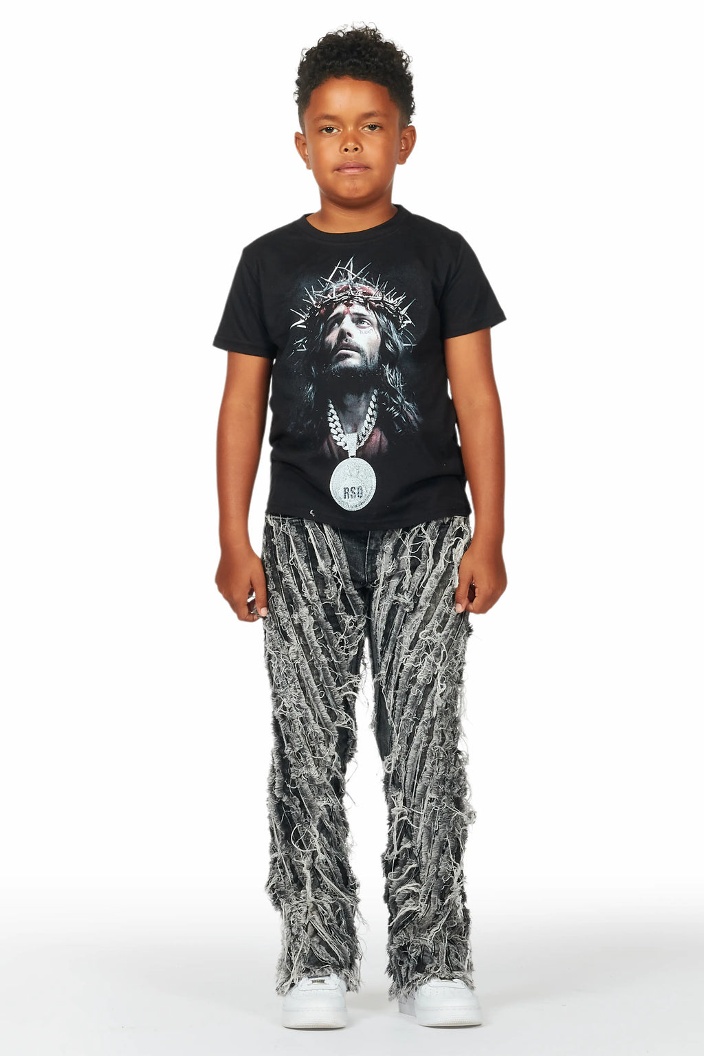 Boys Amina Black T-Shirt/Stack Flare Jean Set