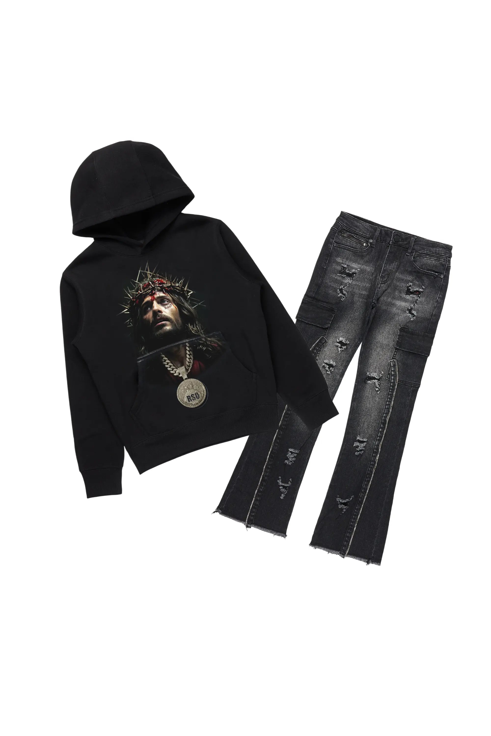 Boys Amina Black/Black Hoodie/Stacked Flare Jean Set