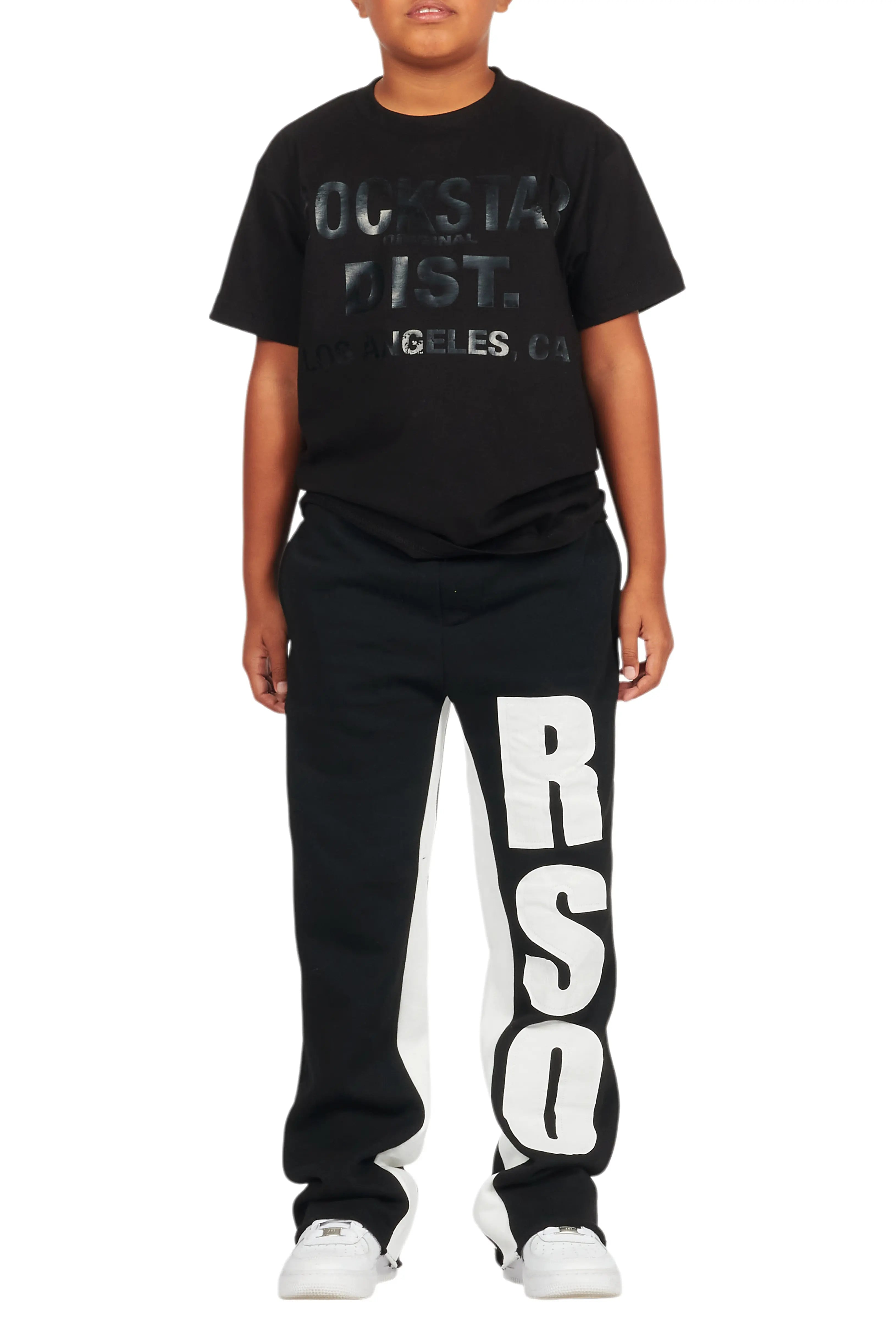 Boys Uko Black/White Stacked Baggy Flare Pant
