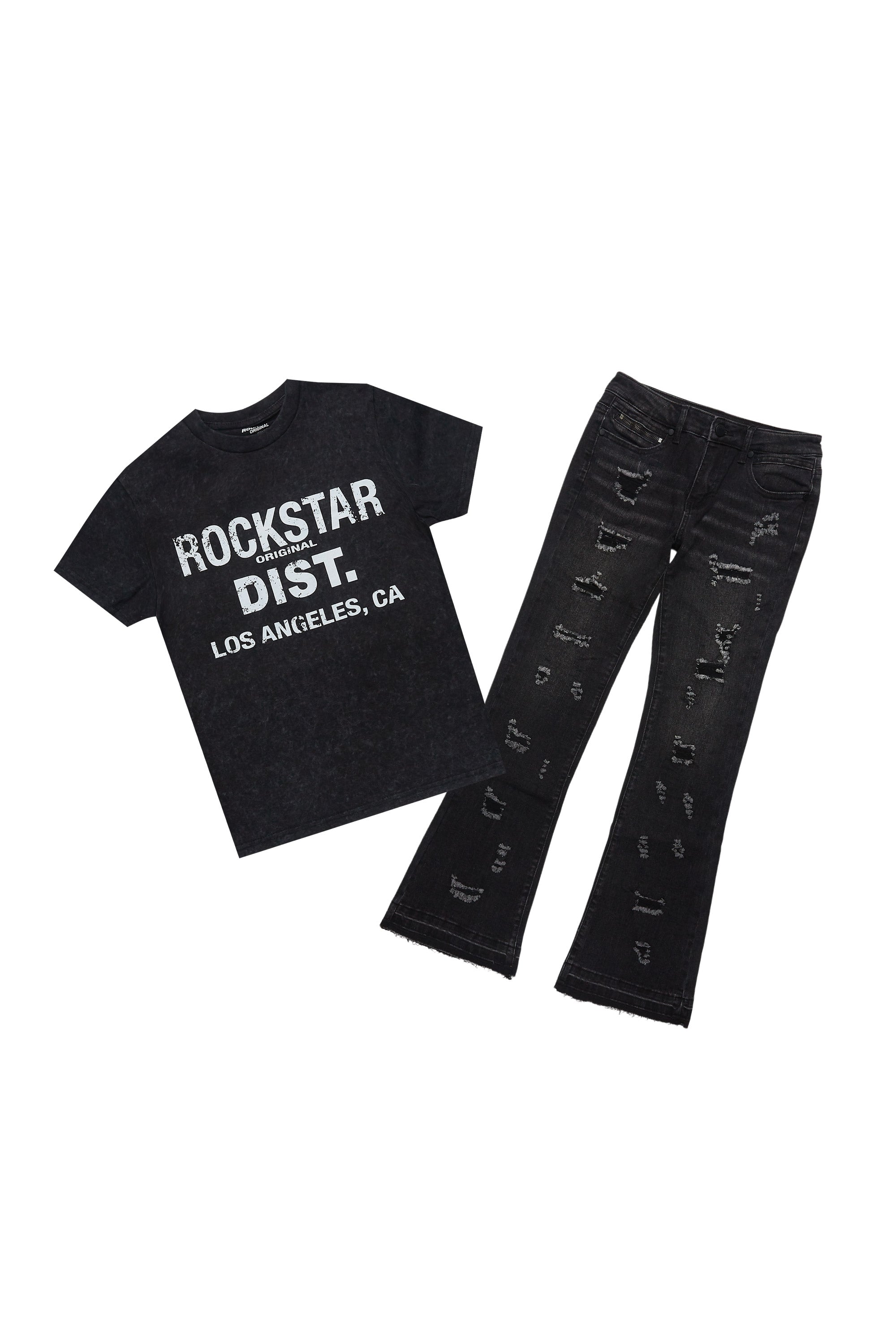 Boys Lake Black/White T-Shirt/Stacked Flare Jean Set