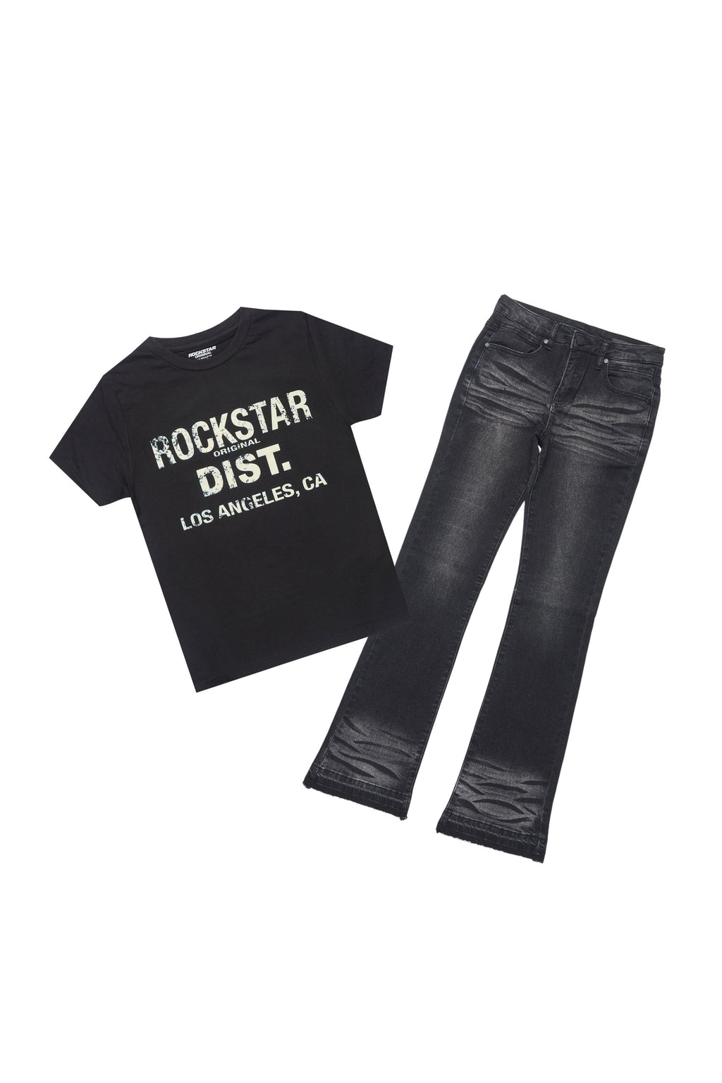 Boys Lake Black/Beige T-Shirt/Dag Dark Grey Stacked Flare Jean Set