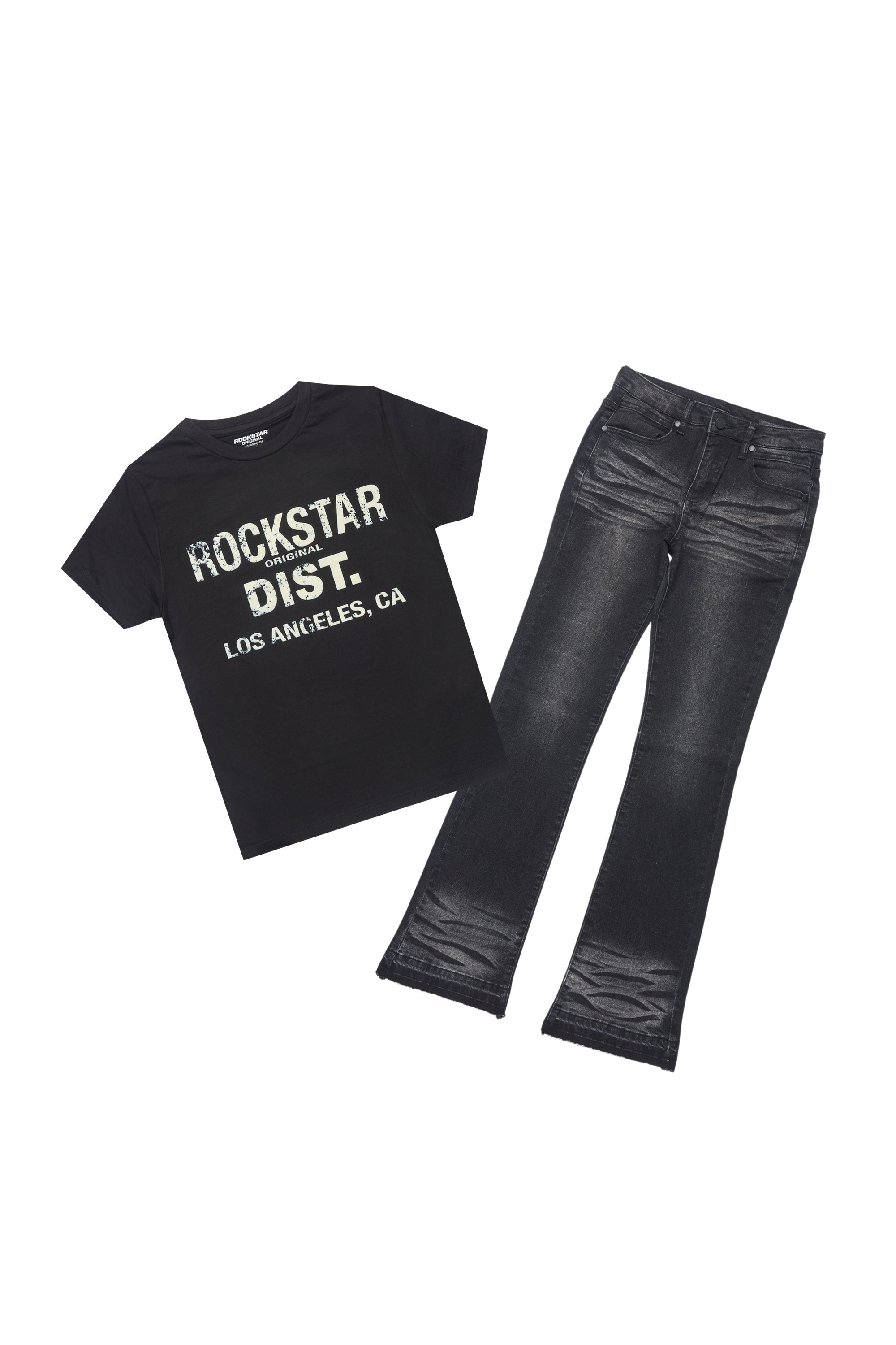 Boys Lake Black/Beige T-Shirt/Dag Dark Grey Stacked Flare Jean Set