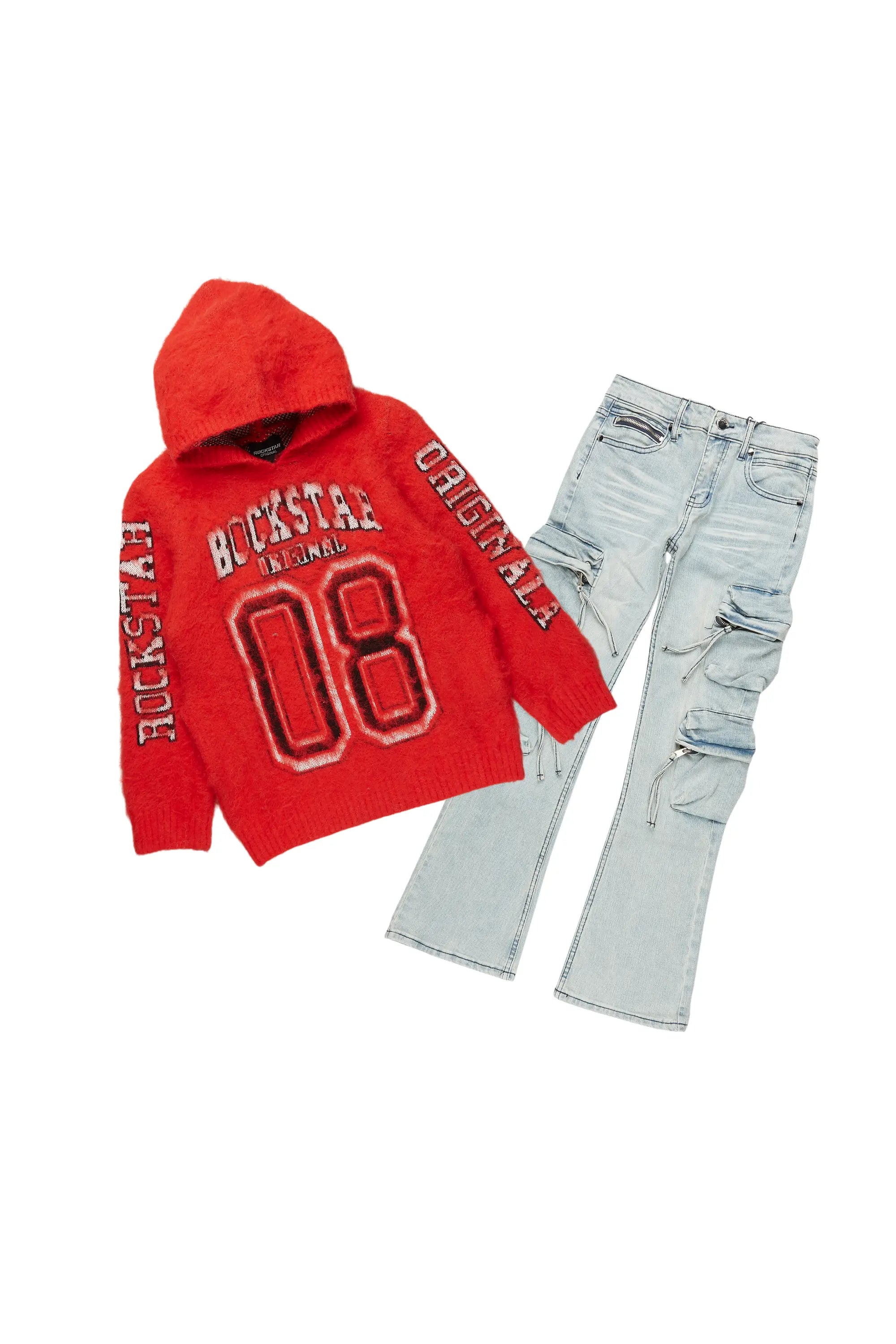 Boys Fields Red Mohair Hoodie/Baggy Cargo Jean Set