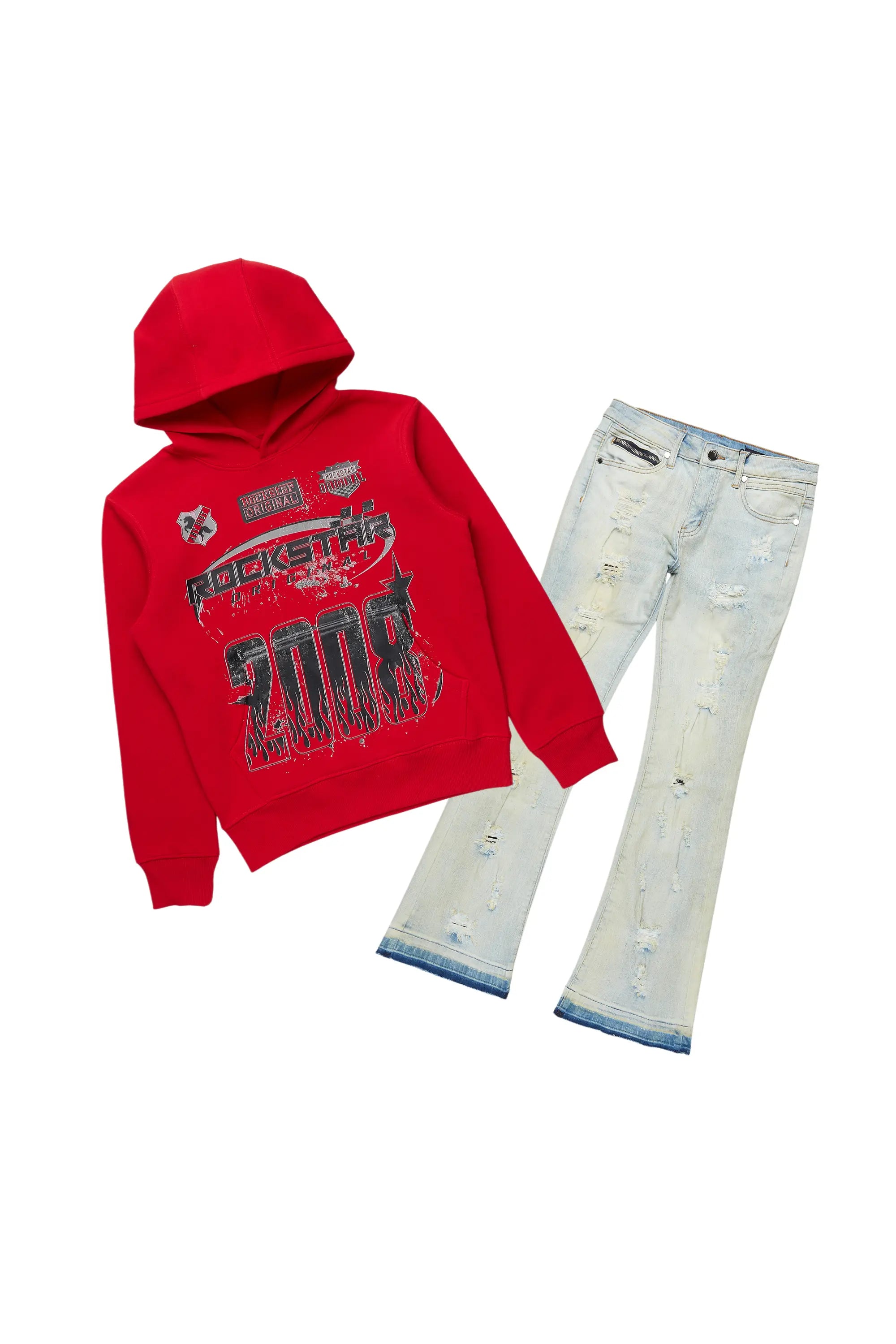 Boys Amos Red Hoodie/Stacked Flare Jean Set