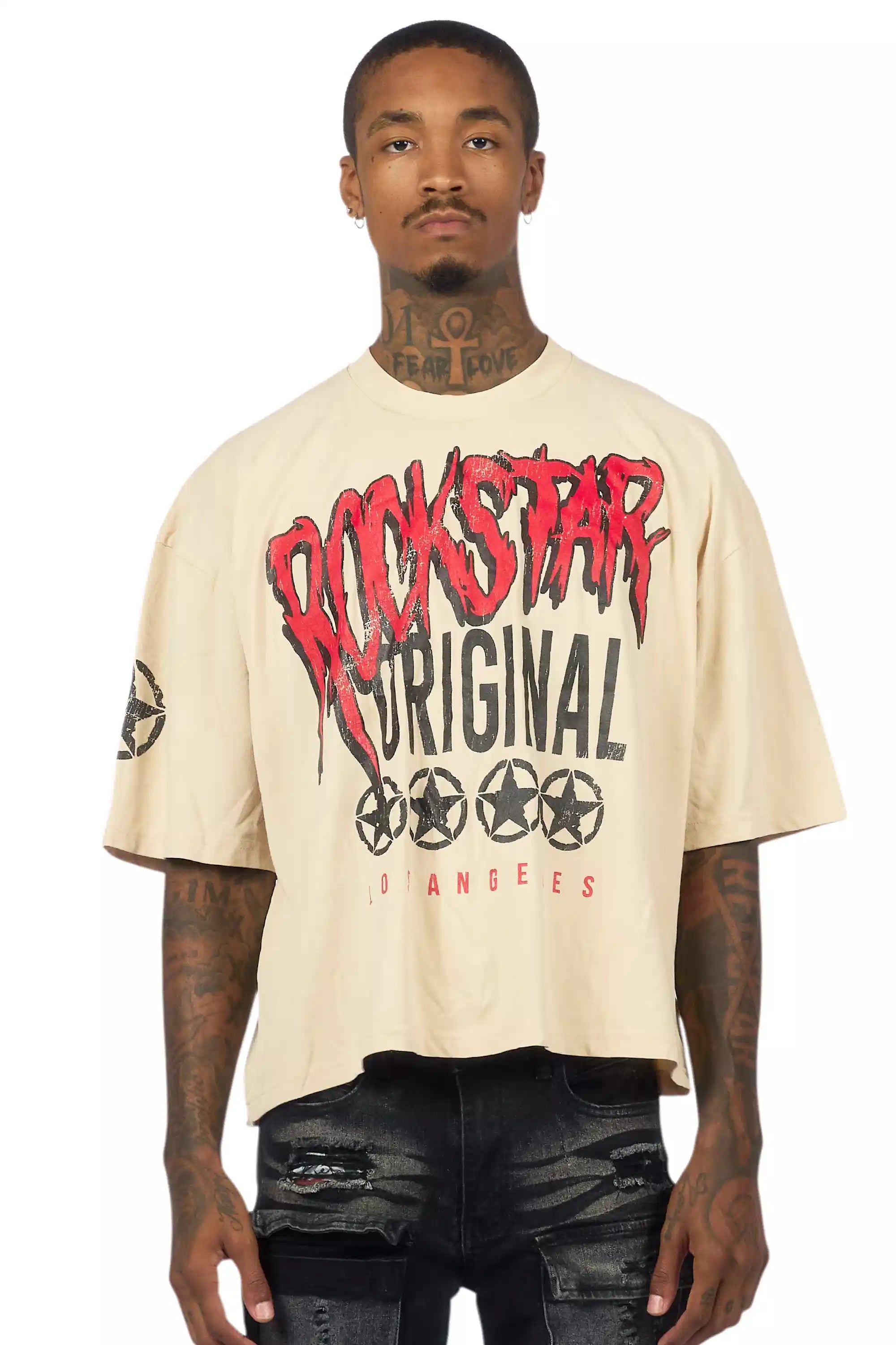 Wizzurd Beige/Red Boxy Crop T-Shirt