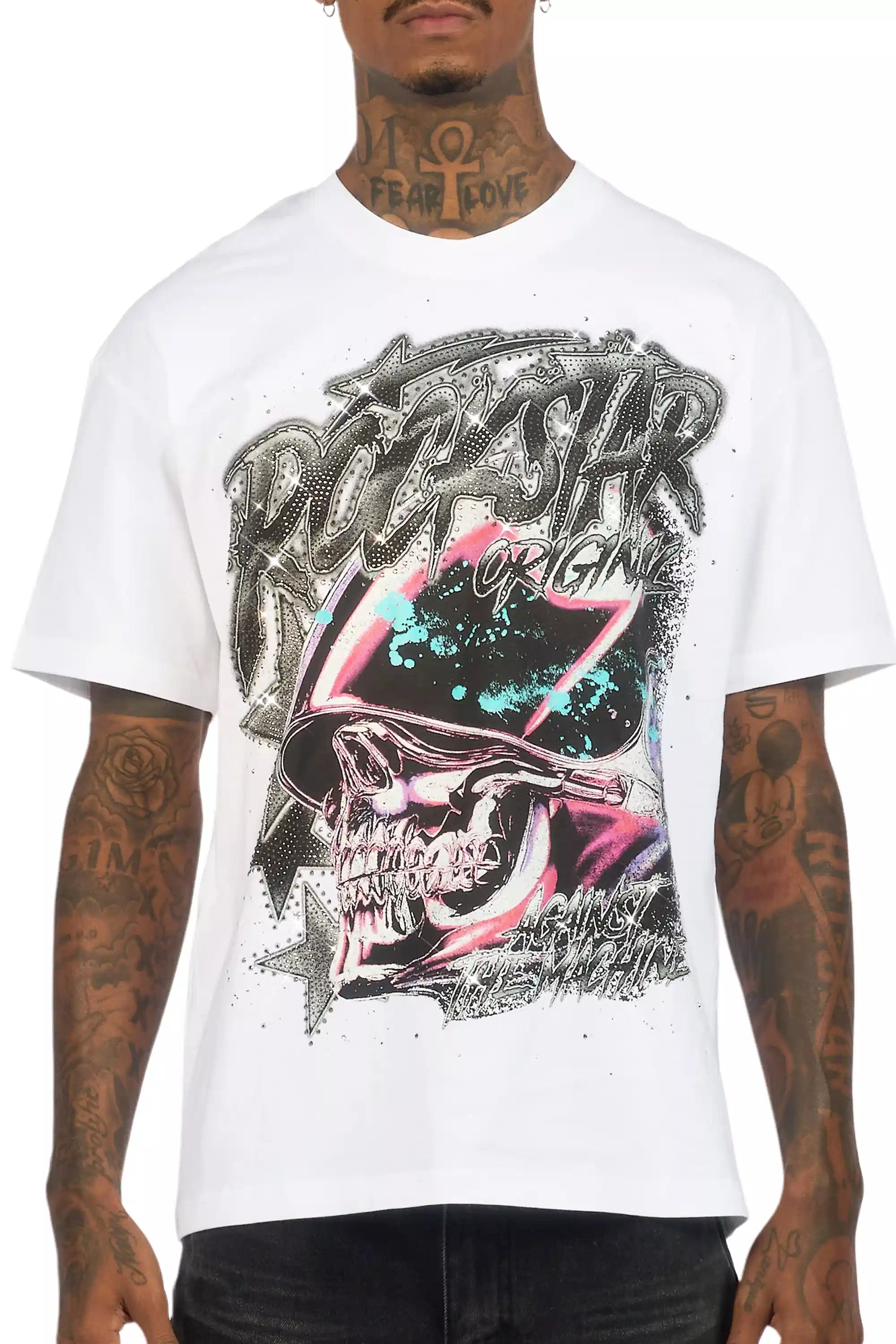 Outerworld White Graphic Rhinestone T-Shirt