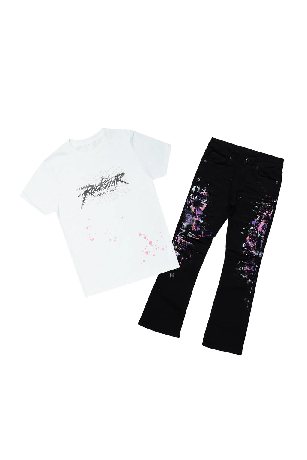 Girls Xylia White T-Shirt/Stacked Flare Jean Set