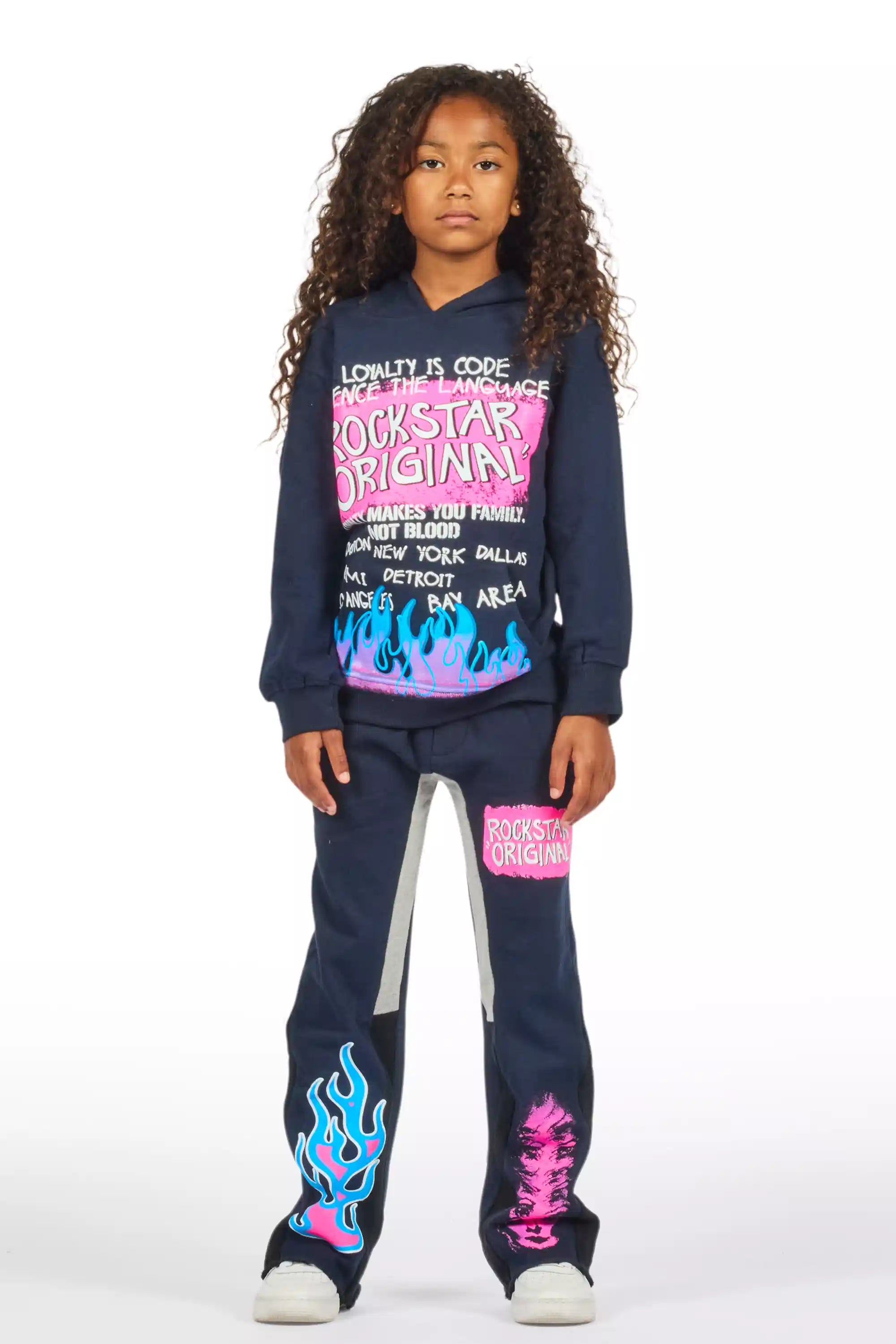 Girls Bridgette Navy/Pink Hoodie Stacked Flare Track Set