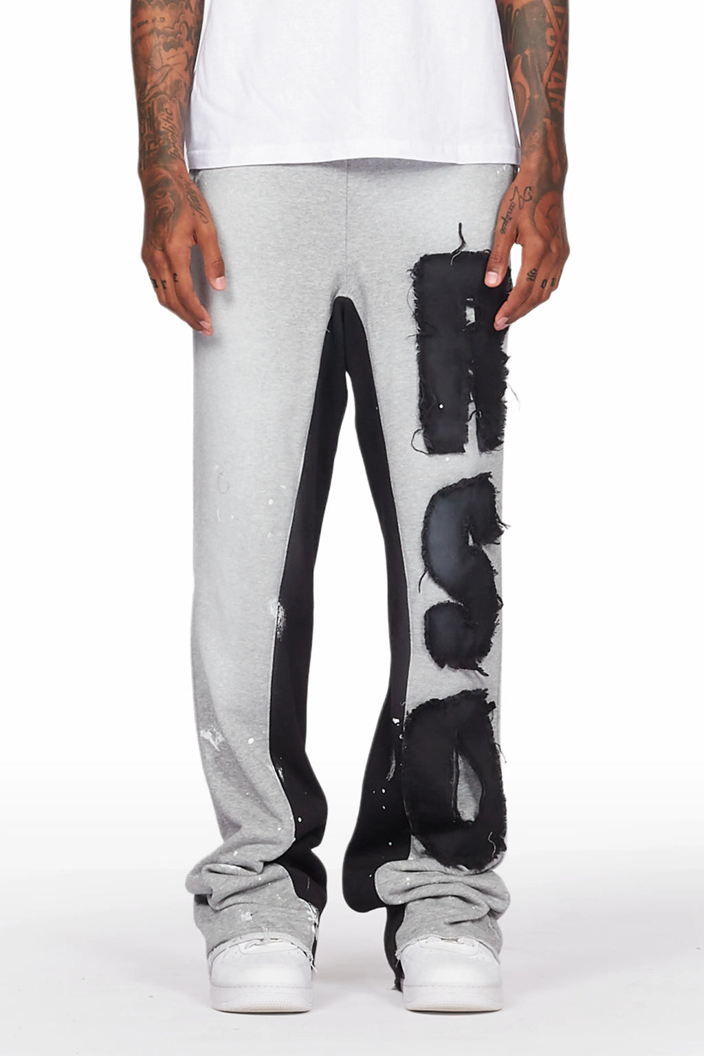 Acotas Grey Patchwork Stacked Baggy Flare Pants