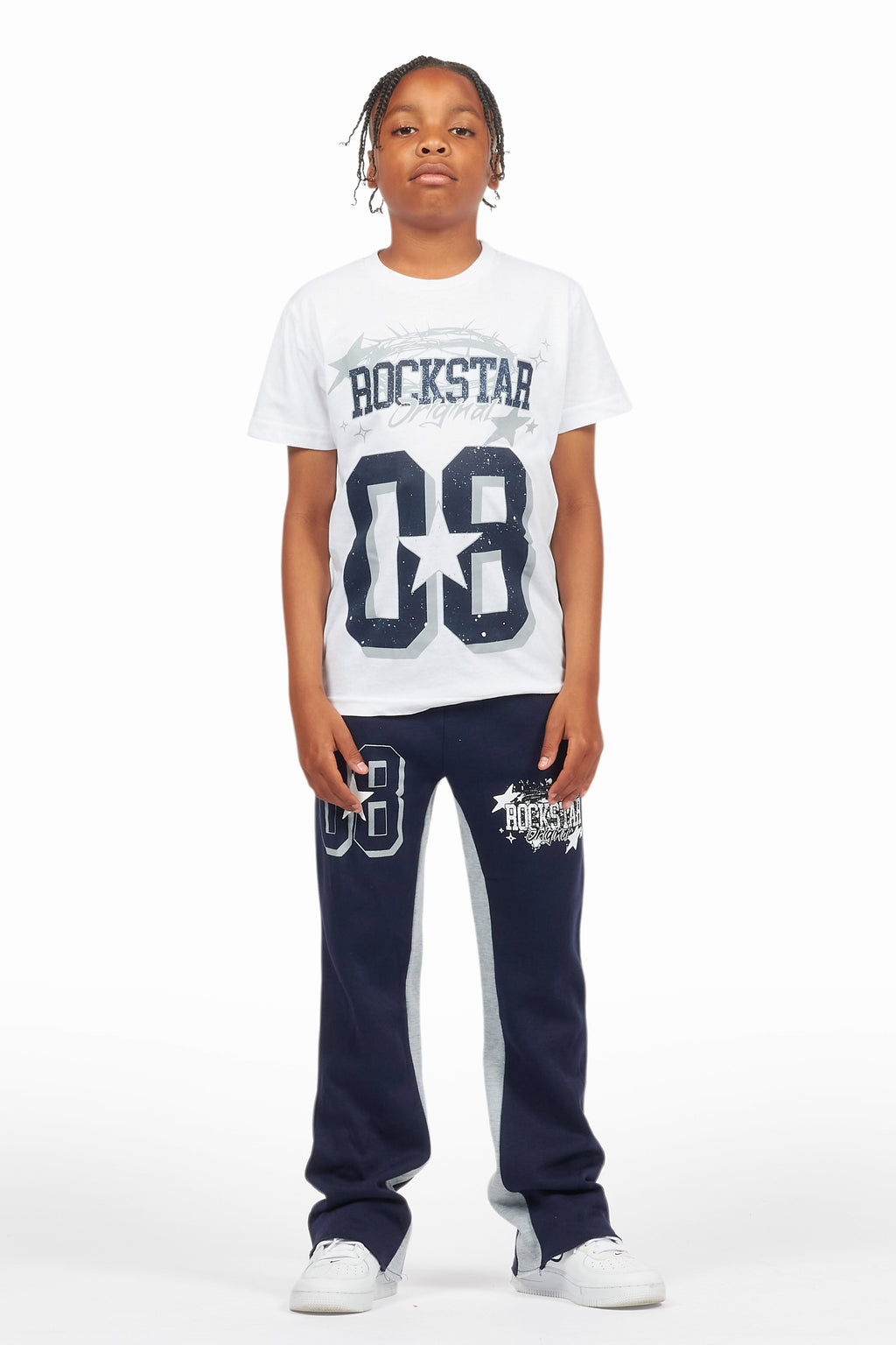 Boys Allstar White/Navy T-Shirt/Stacked Baggy Flare Pant Set
