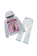 Boys Fields Grey/Pink Hoodie/Stacked Flare Jean Set