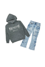 Boys Andros Grey/Light Blue Mohair Hoodie/Stacked Flare Jean Set