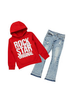 Girls Melanie Red/Blue Hoodie/Stacked Flare Jean Set