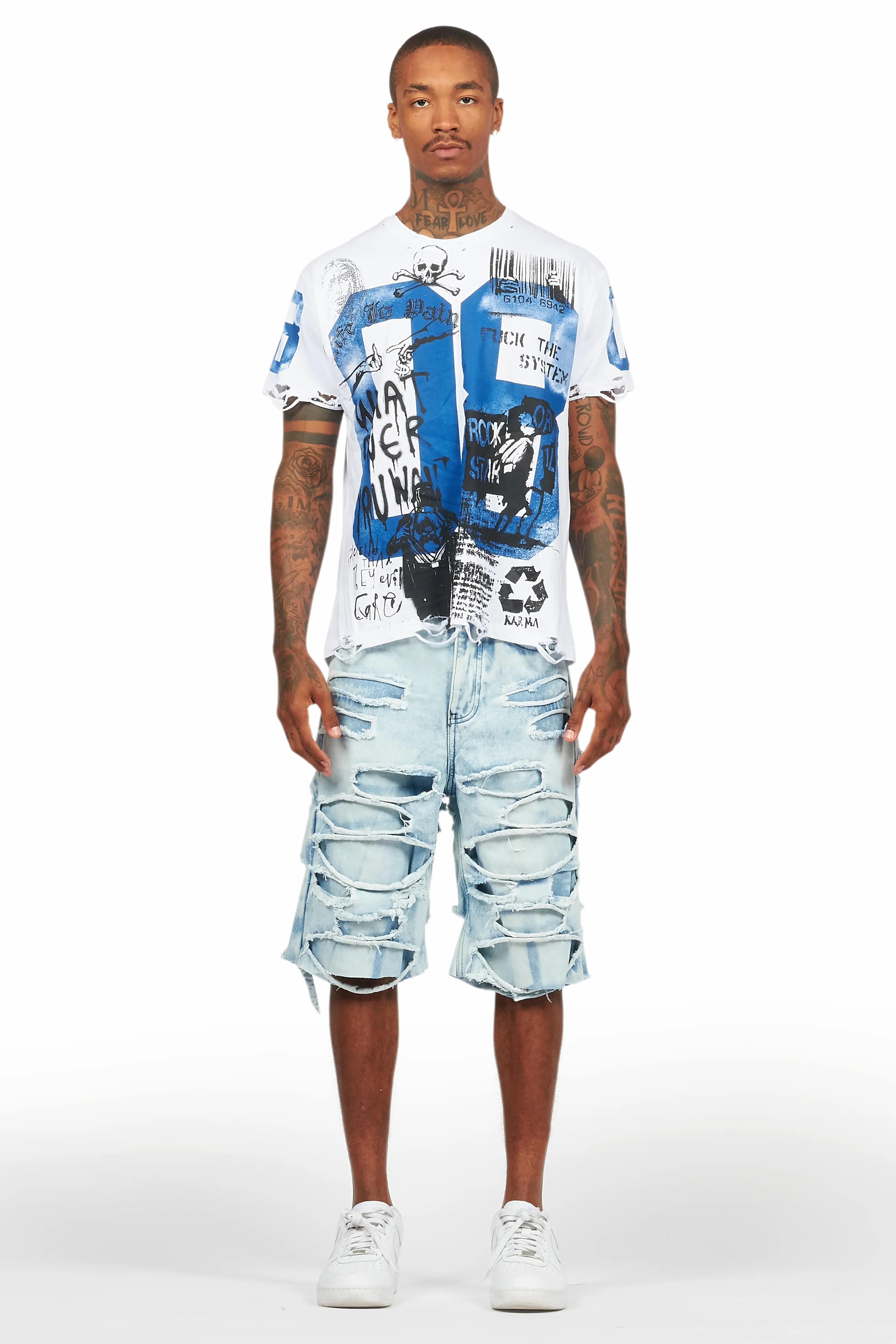 Grill White/Blue T-Shirt/Denim Short Set