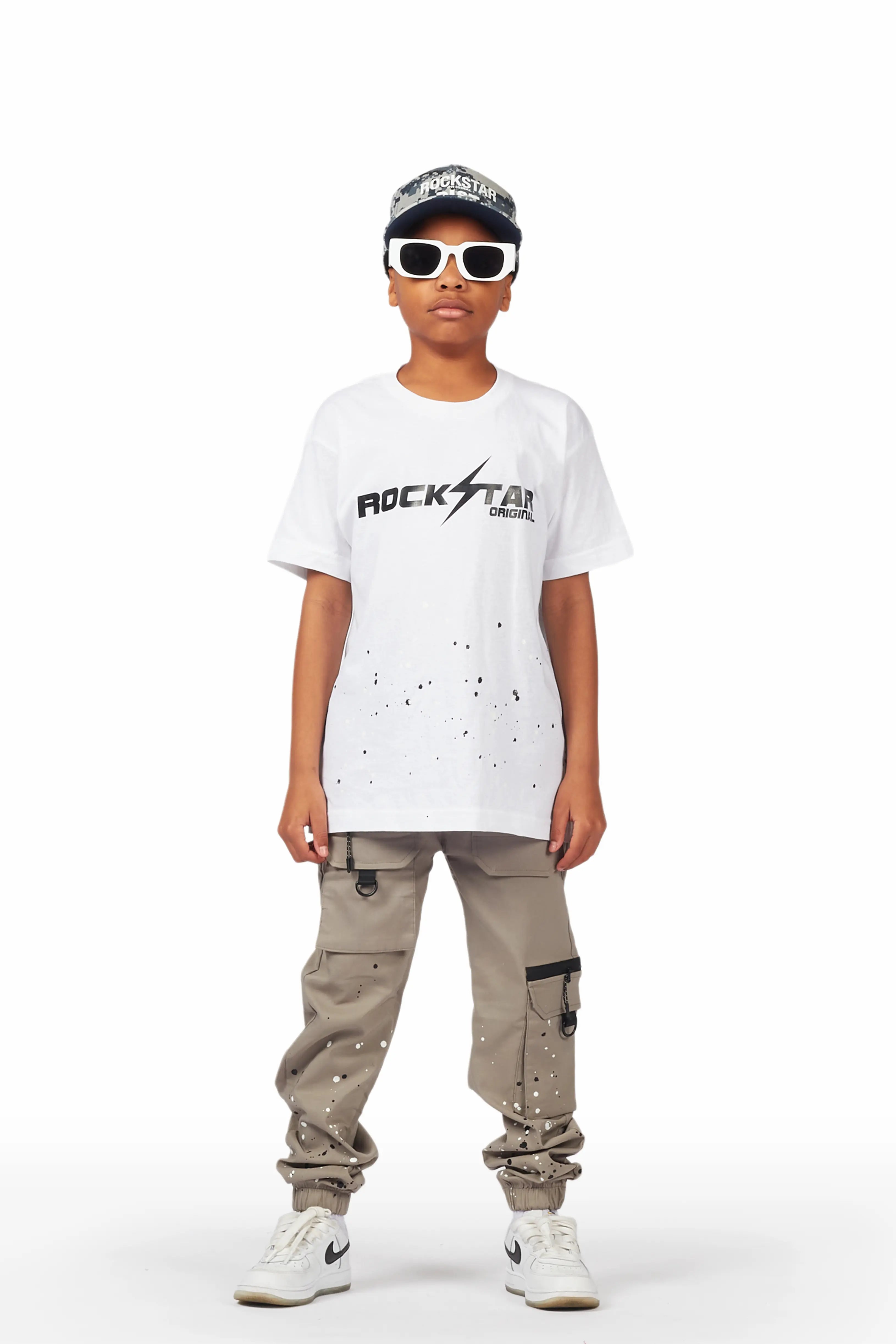 Boys Xanti White/Grey T-Shirt Cargo Pant Set