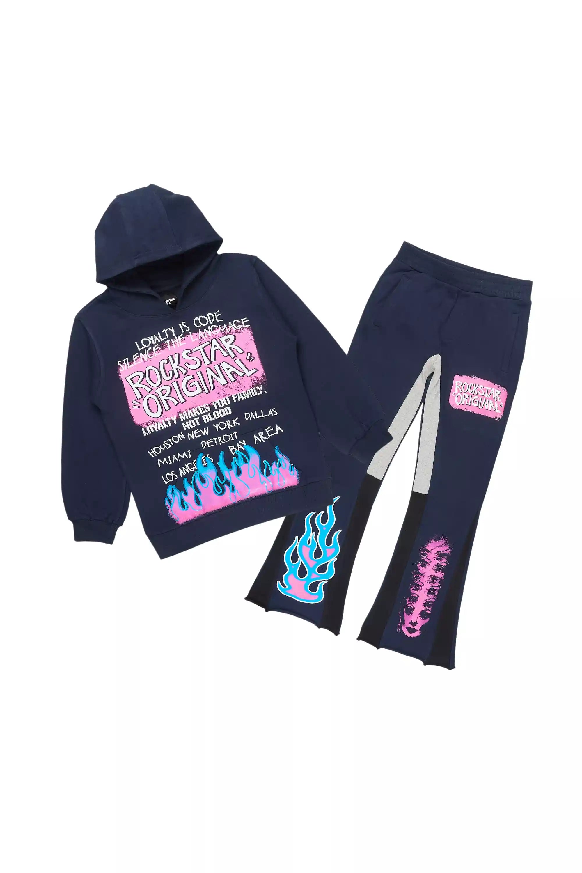 Girls Bridgette Navy/Pink Hoodie Stacked Flare Track Set