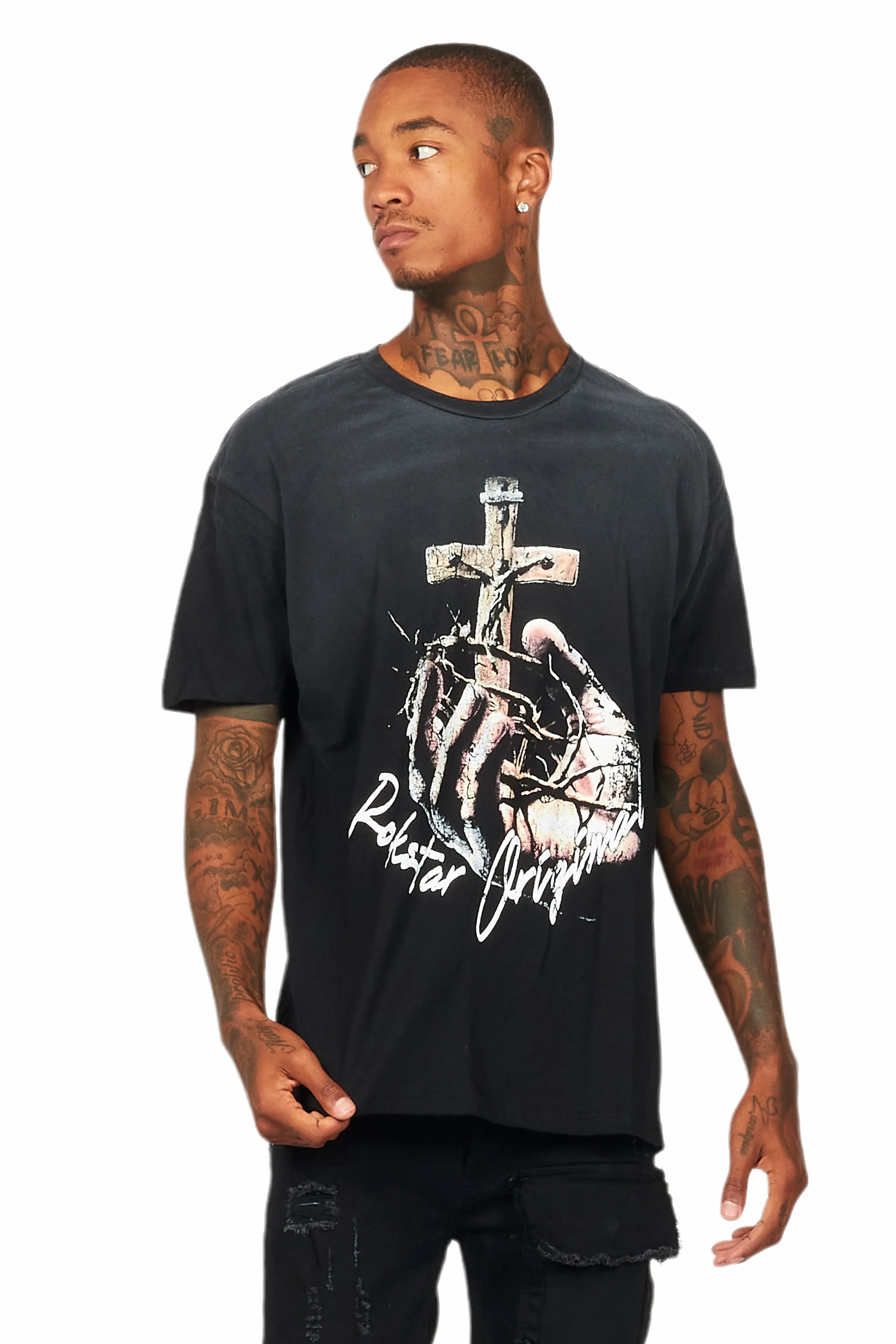 Kateo Black Graphic Oversized T-Shirt