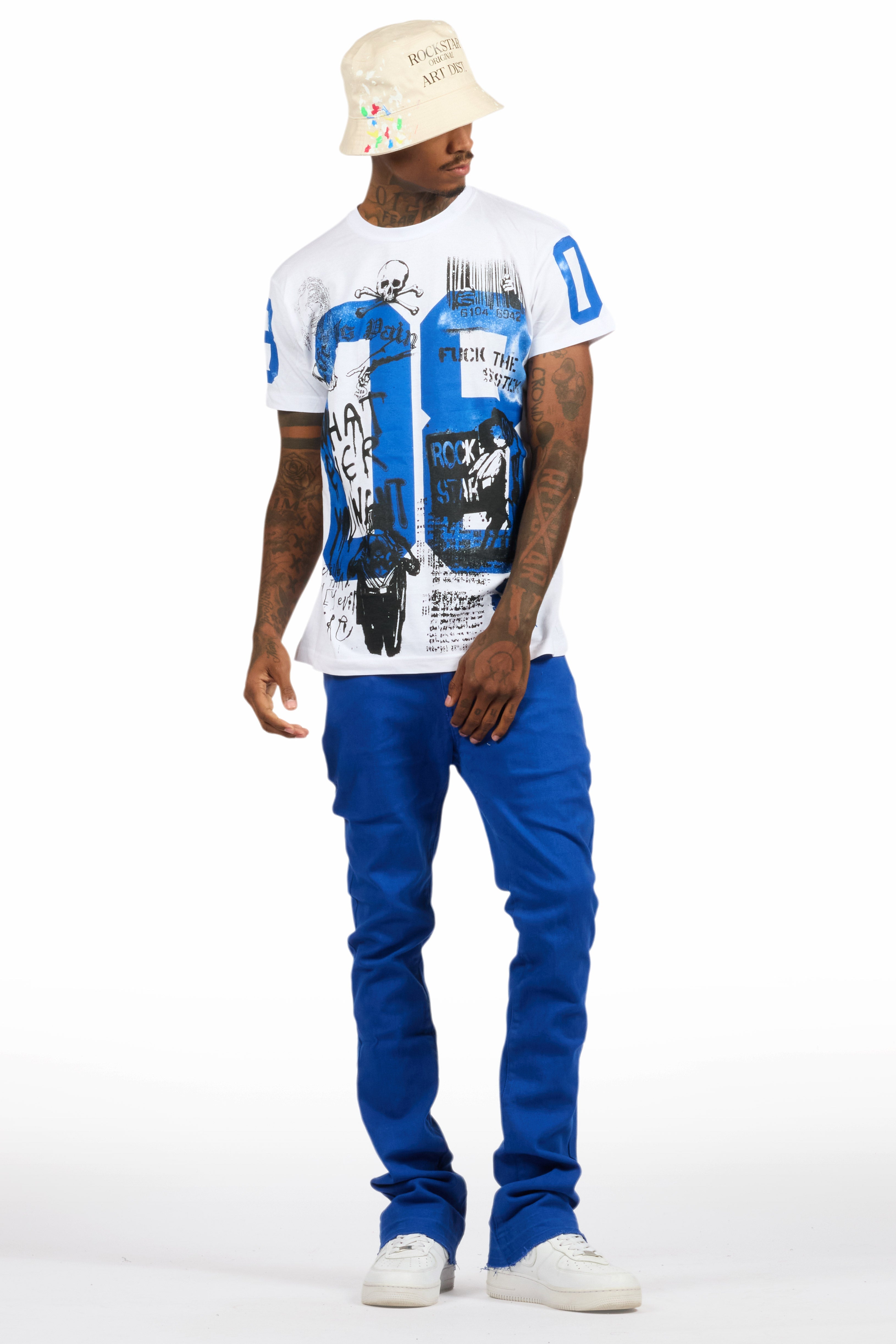 Grill White/Royal Blue Oversized Graphic T-Shirt/Dag Stacked Flare Jean Set