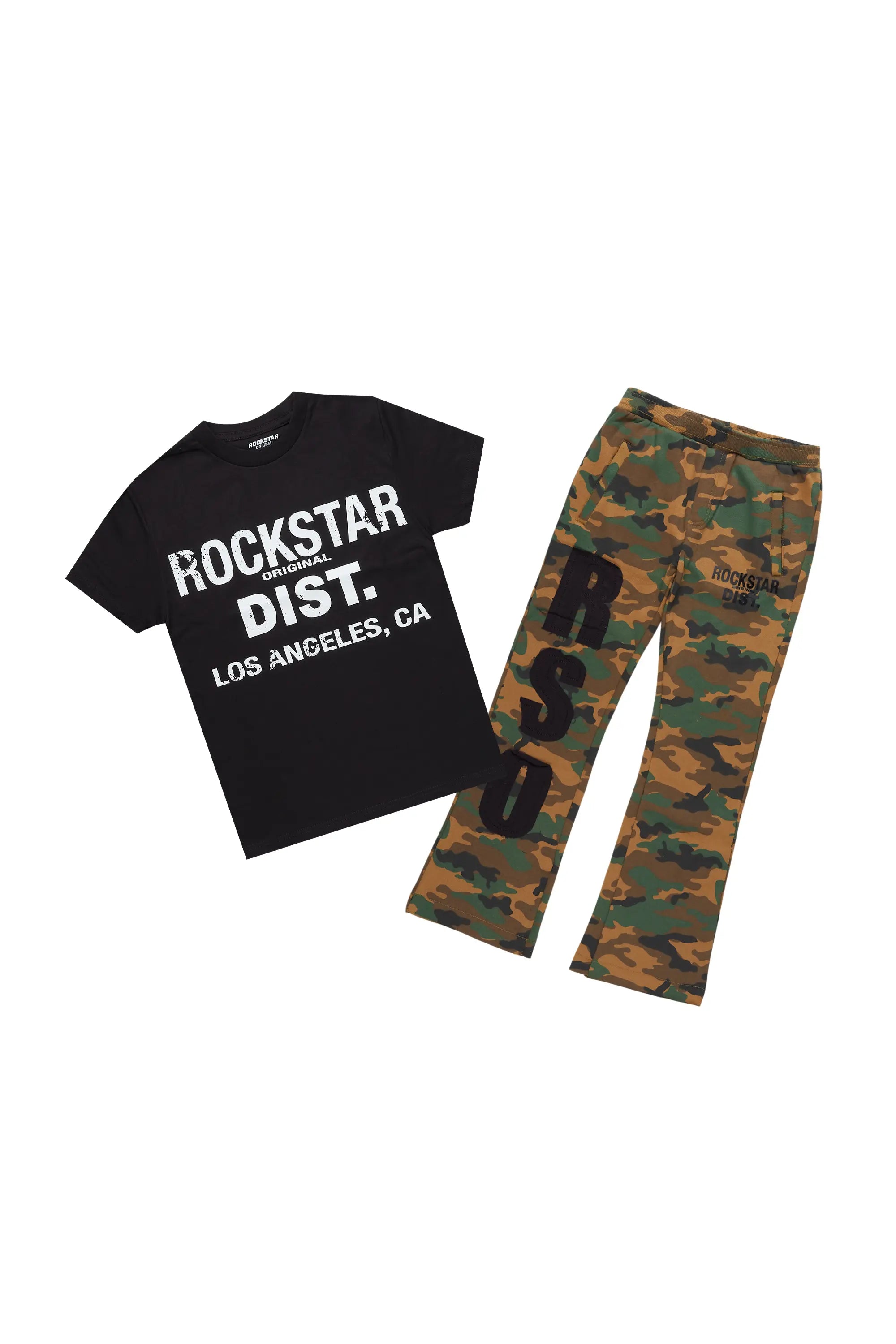 Boys Koen Black/Camo T-Shirt/Stacked Flare Pant Set