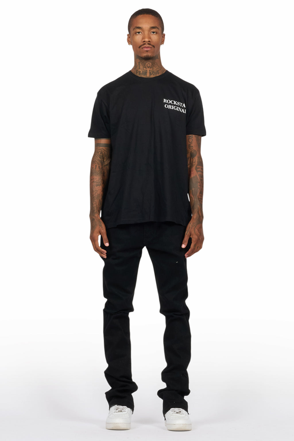 Drako Black/White Oversized Graphic T-Shirt/Dag Stacked Flare Jean Set