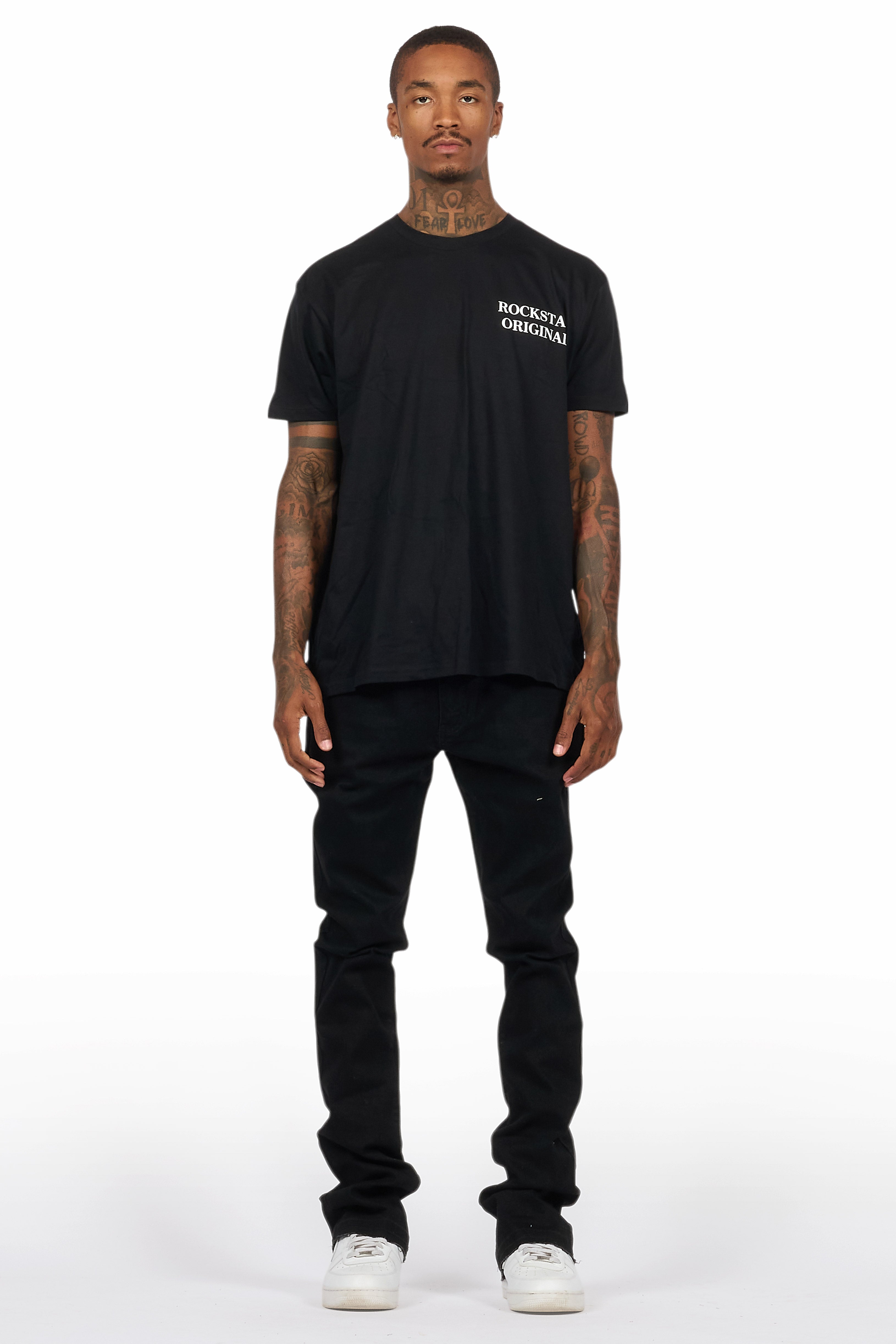 Drako Black/White Oversized Graphic T-Shirt/Dag Stacked Flare Jean Set