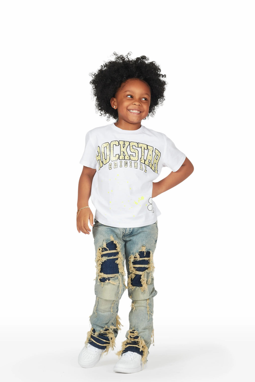 Girls Indie White/Blue T-Shirt/Stacked Flare Jean Set