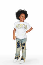 Girls Indie White/Blue T-Shirt/Stacked Flare Jean Set