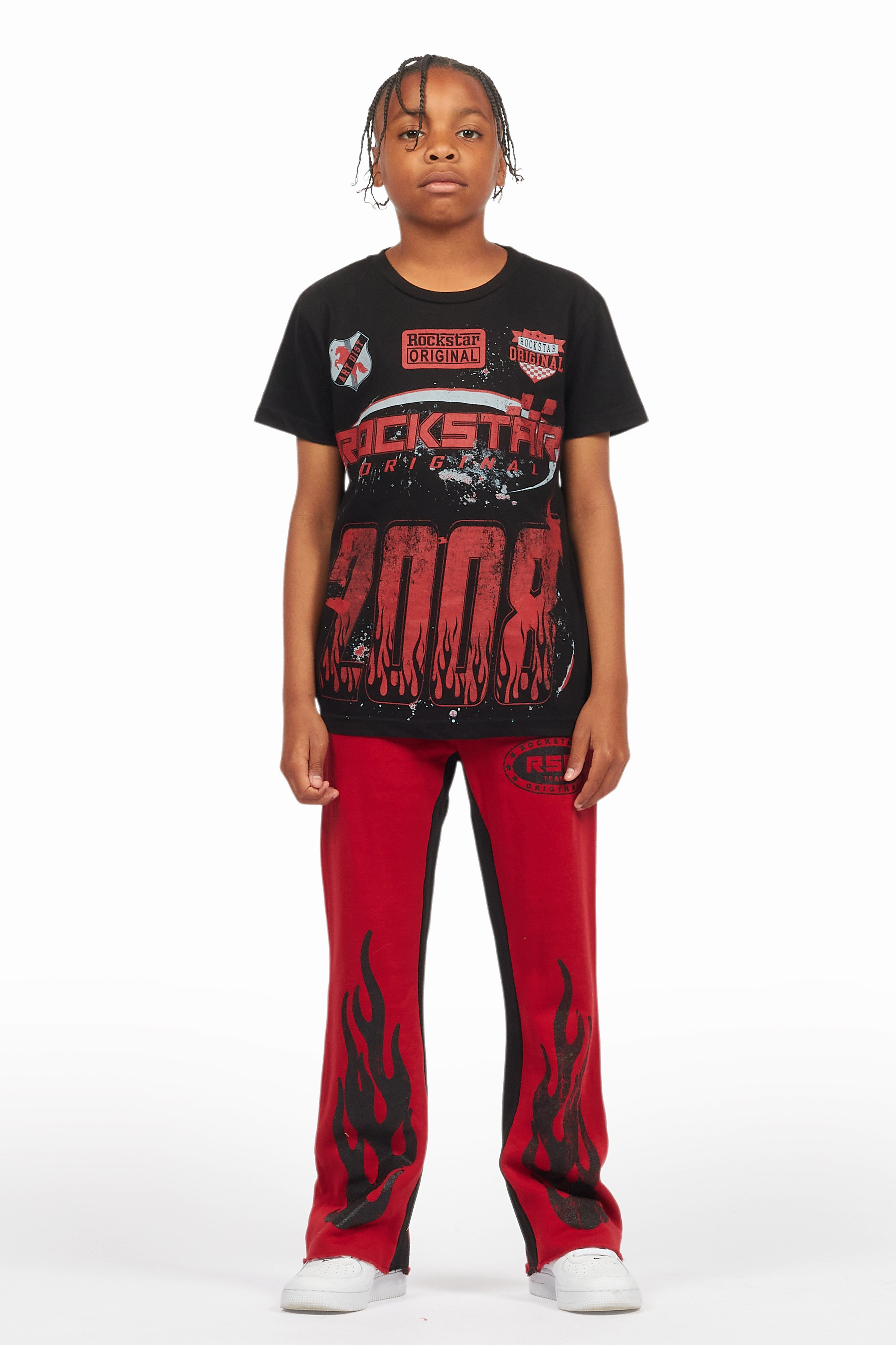 Boys Amos Black/Burgundy T-Shirt/Stacked Baggy Flare Pant Set