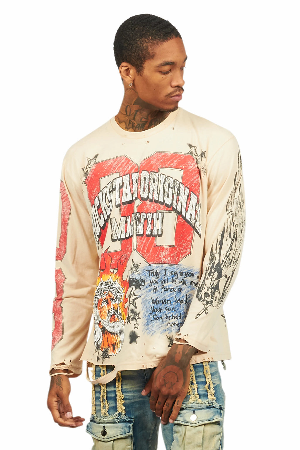 Jesus Crayon Beige Long Sleeve Graphic T-Shirt