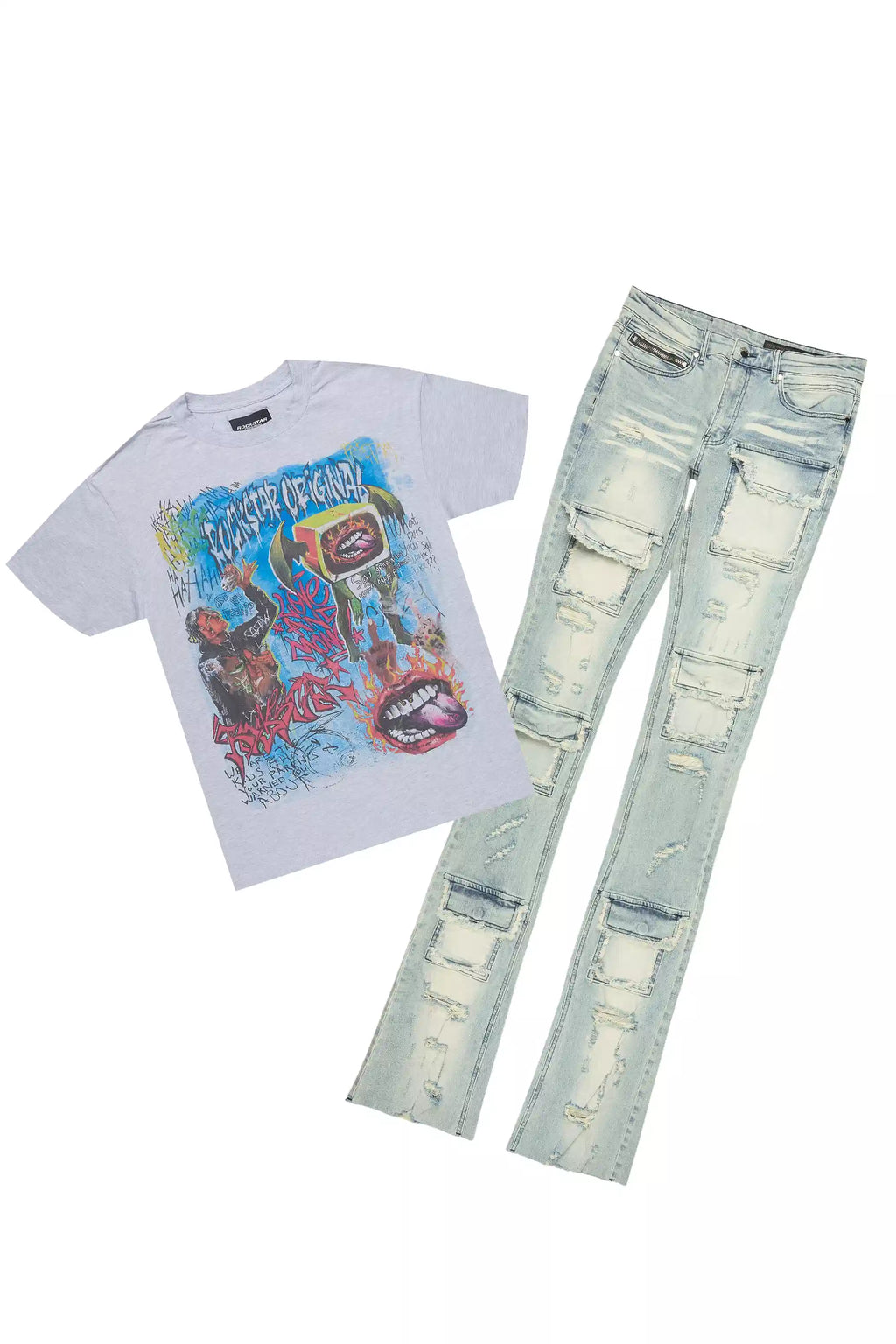 Yooz Heather Grey/Blue Oversized T-Shirt/Super Stacked Flare Jean Bundle