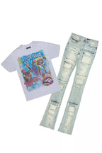 Yooz Heather Grey/Blue Oversized T-Shirt/Super Stacked Flare Jean Bundle