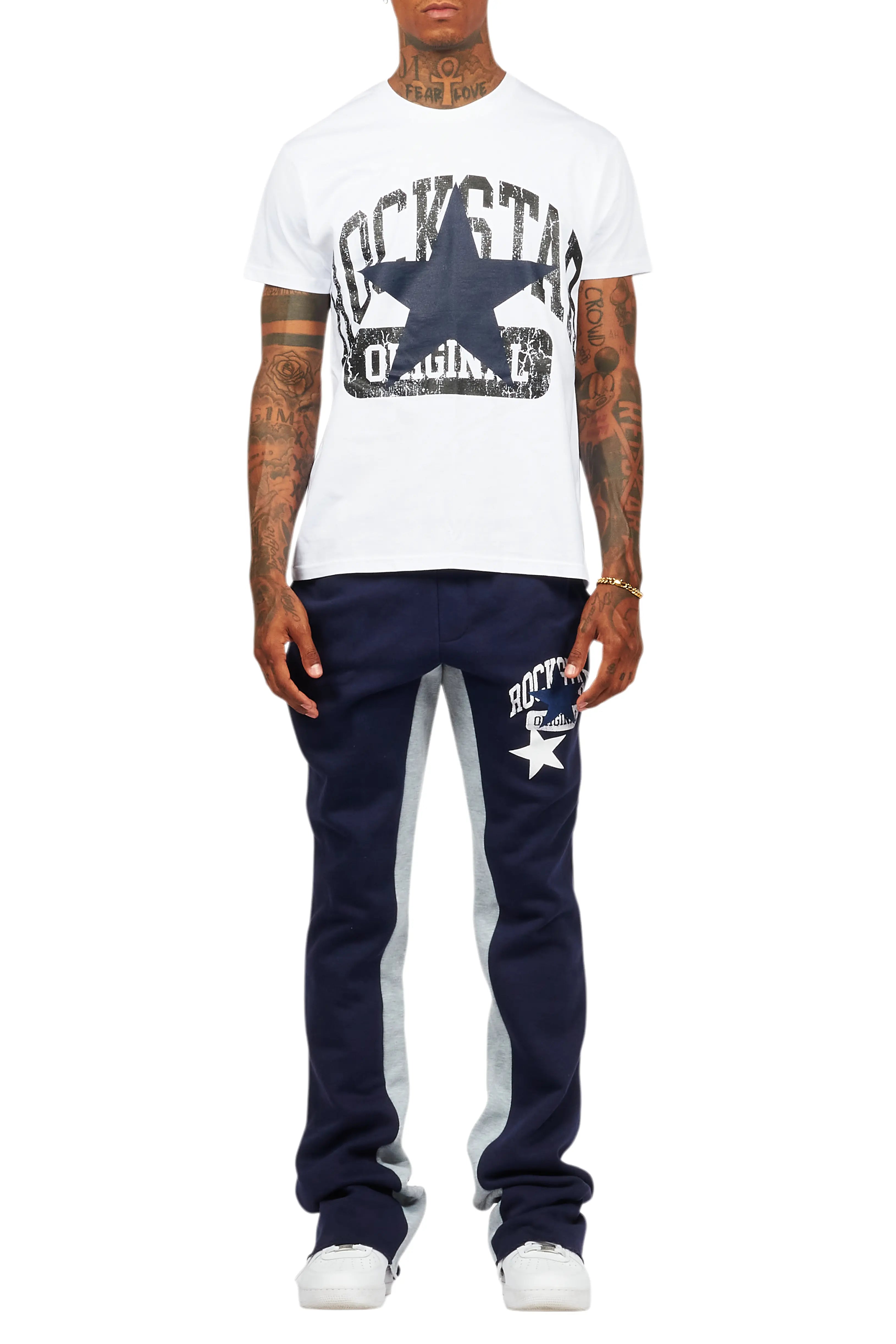 Mallor White/Navy T-Shirt/Stacked Baggy Track Pant Set