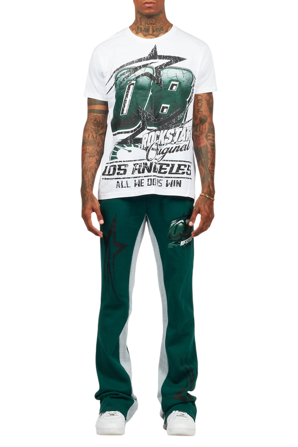 Kastell White/Green T-Shirt/Stacked Baggy Track Pant Set