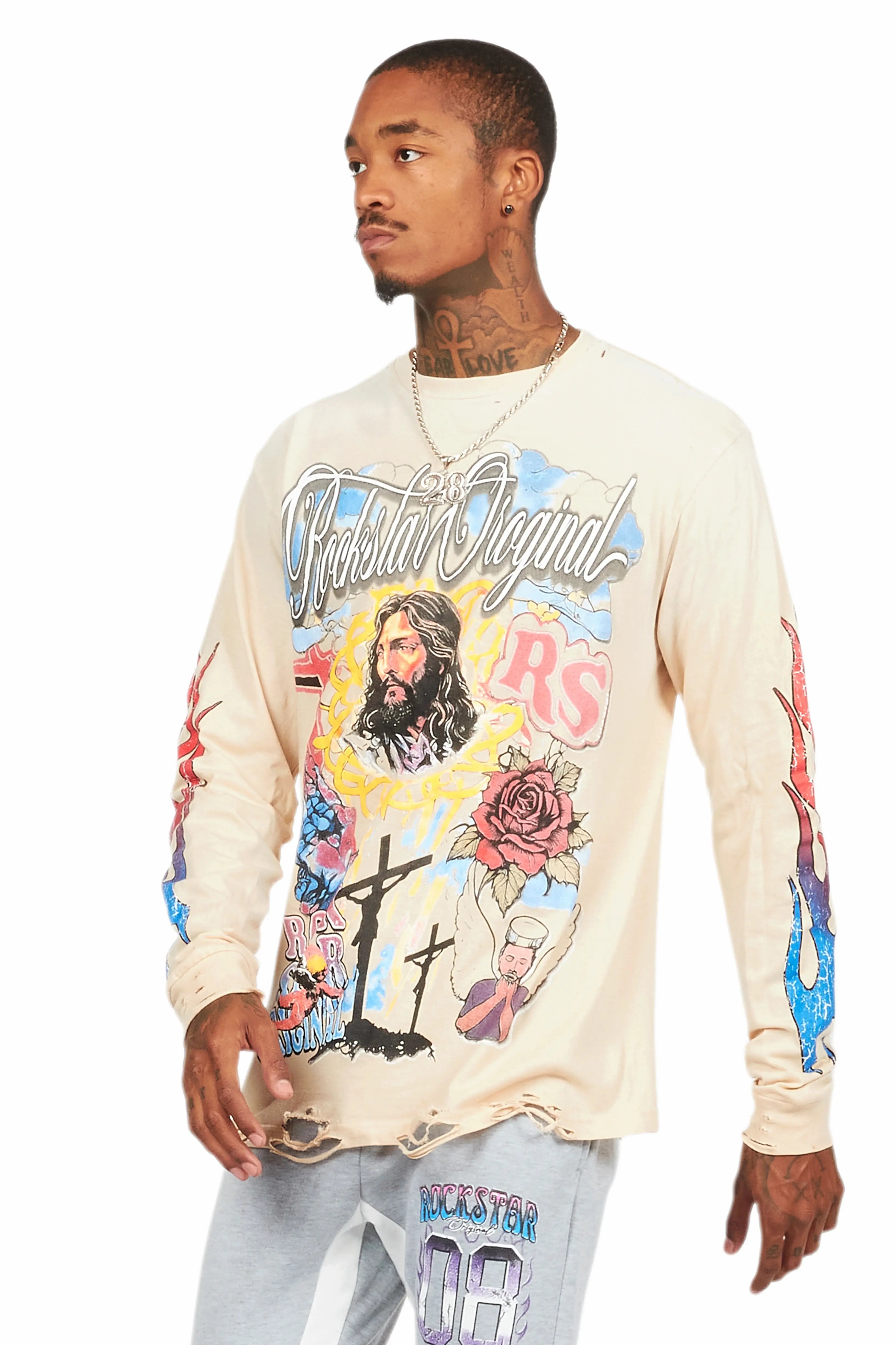 Tadashi Beige Long Sleeve Graphic T-Shirt