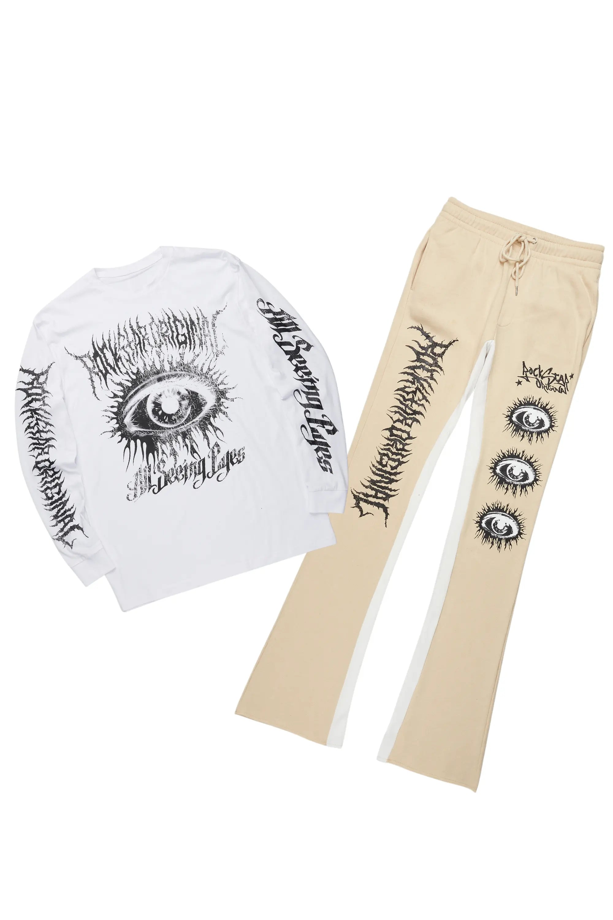 All Seeing Eyes White/Beige Long Sleeve T-Shirt/Baggy Pant Set