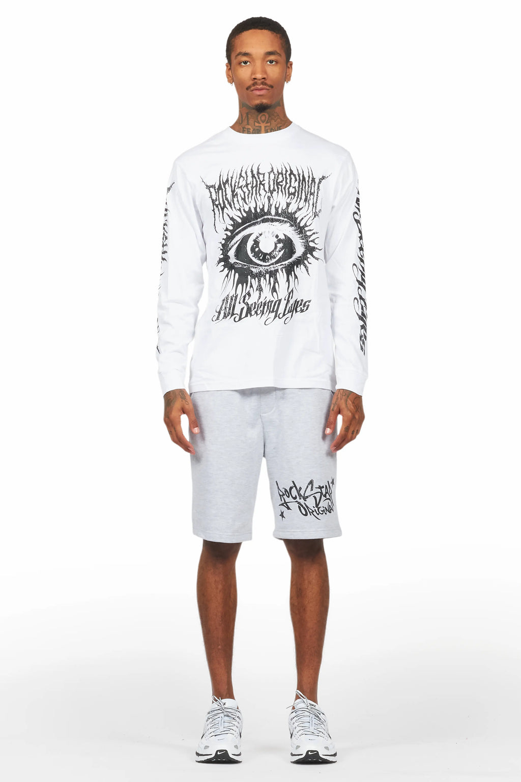 All Seeing Eyes White/Grey Long Sleeve T-Shirt Short Set
