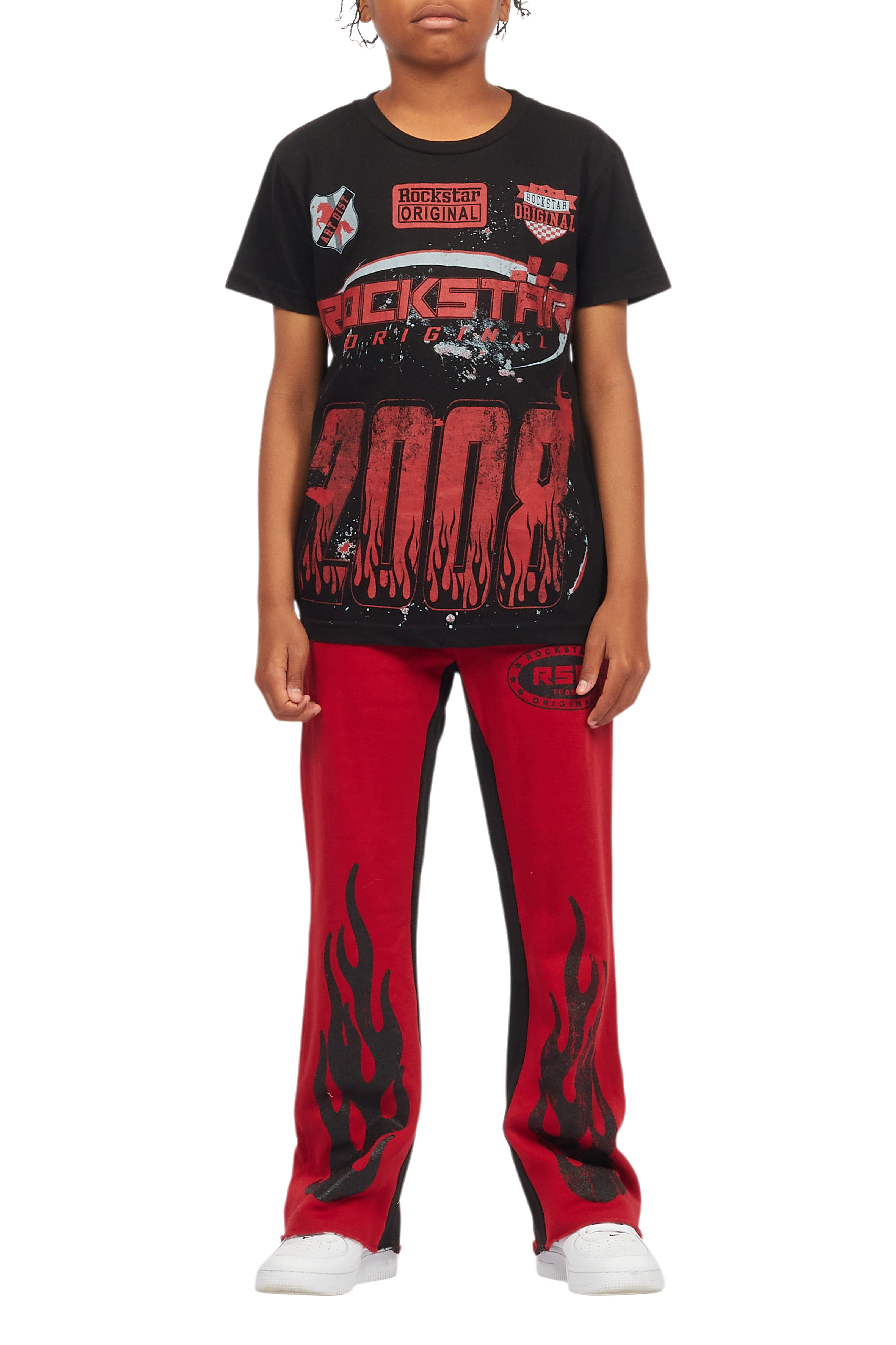 Boys Amos Black/Burgundy T-Shirt/Stacked Baggy Flare Pant Set