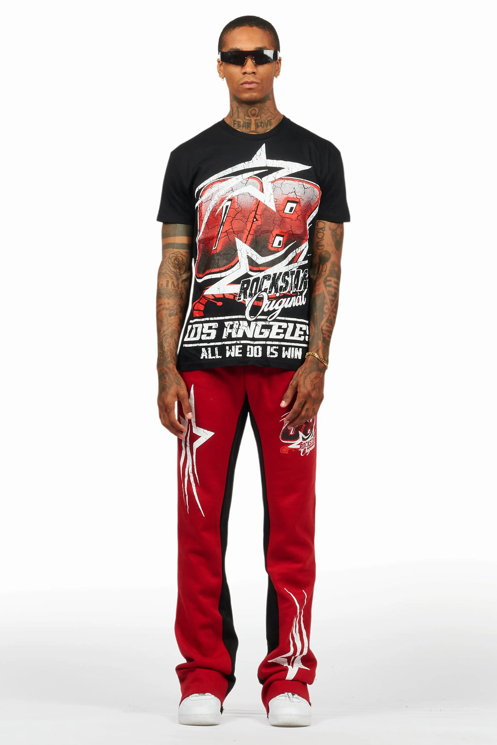 Kastell Black/Burgundy T-Shirt/Stacked Baggy Track Pant Set