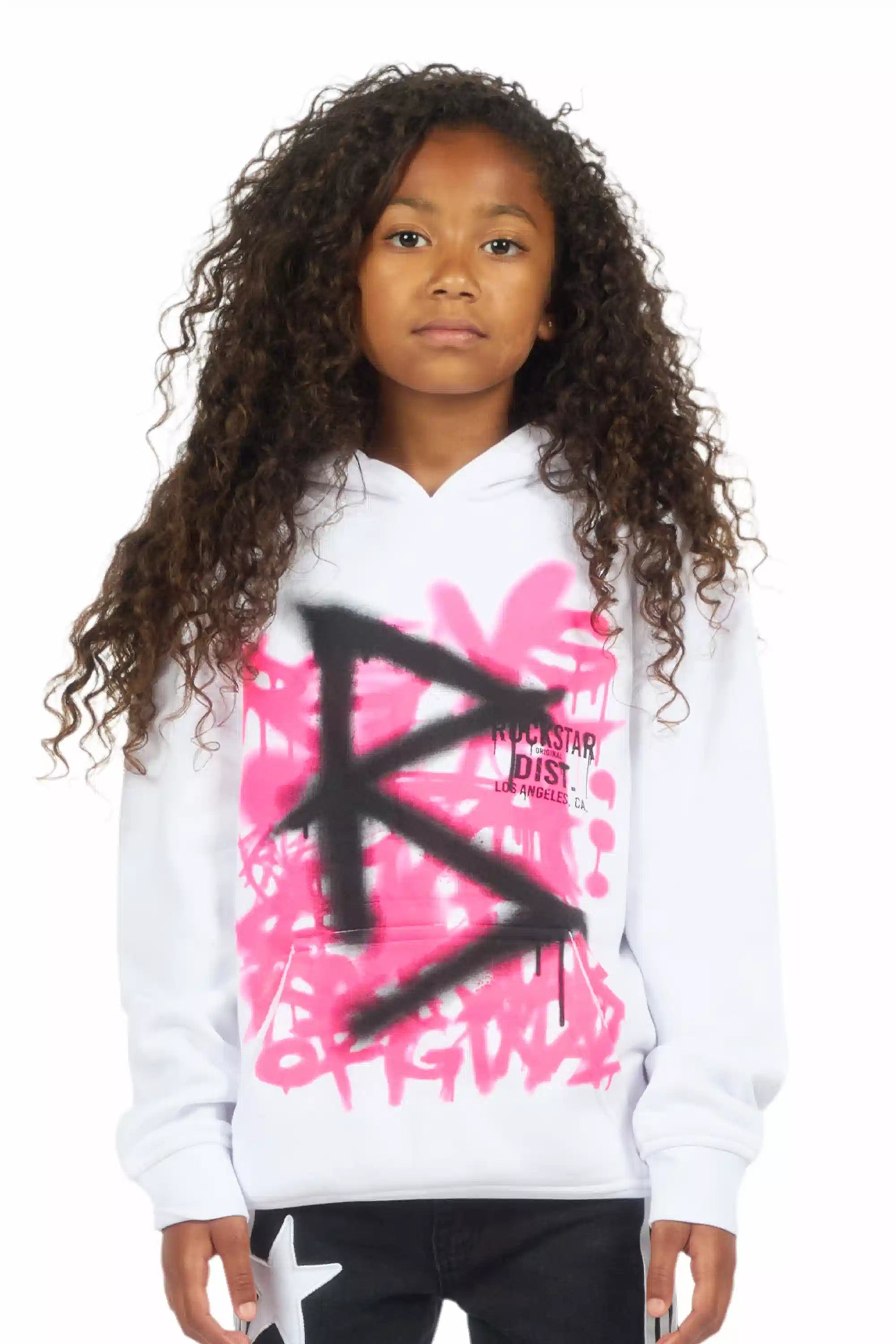 Girls Nahomy White/Pink Graphic Hoodie