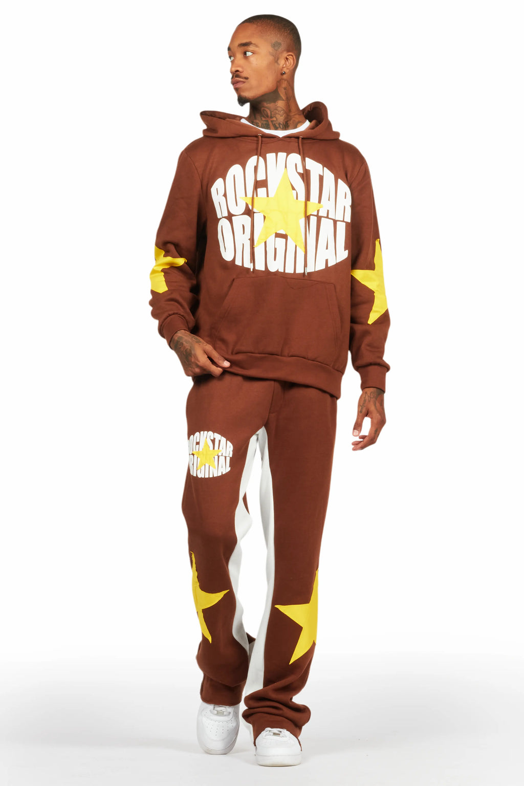 States Brown Baggy Stacked Hoodie Track Set