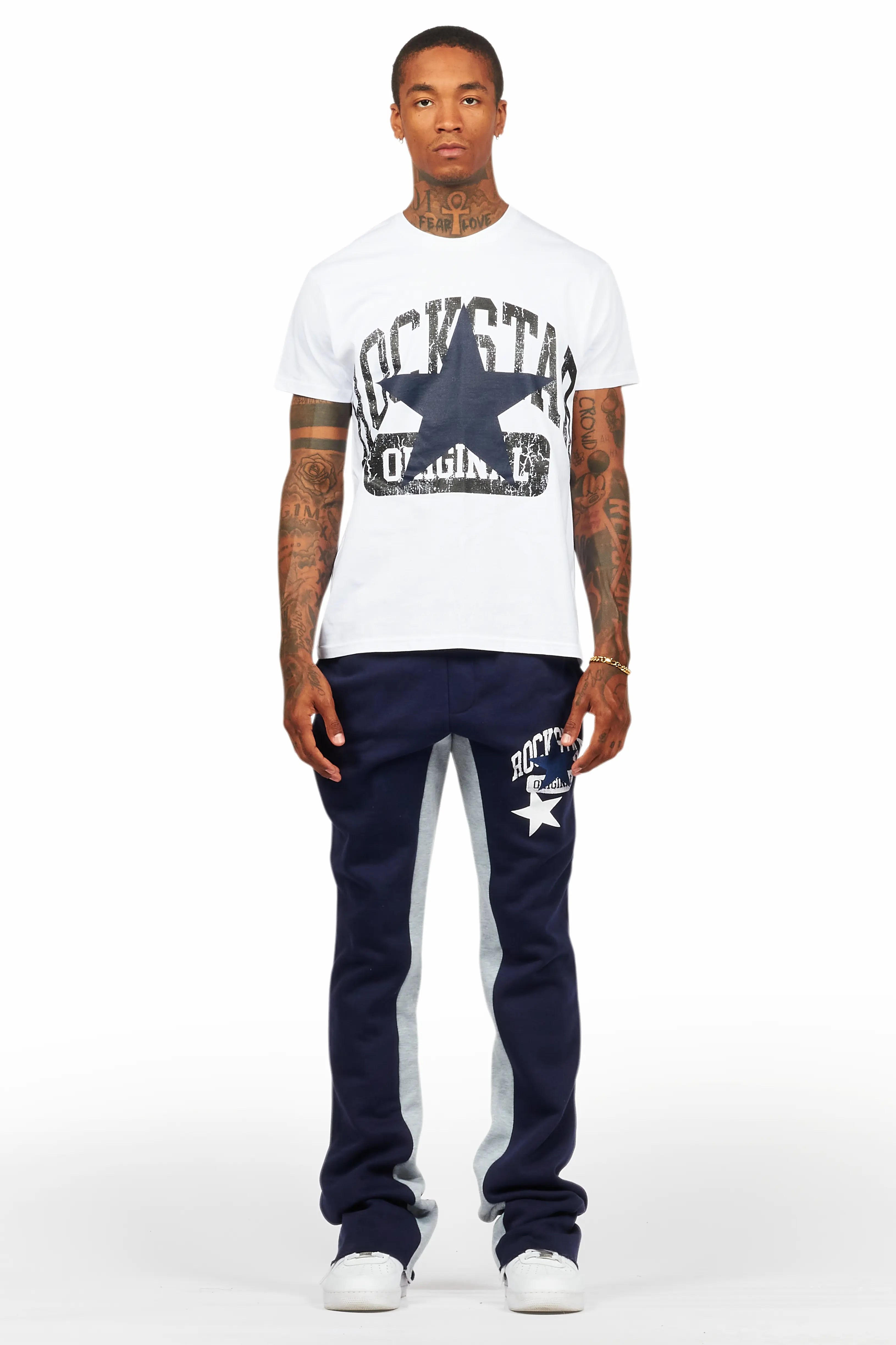 Mallor White/Navy T-Shirt/Stacked Baggy Track Pant Set