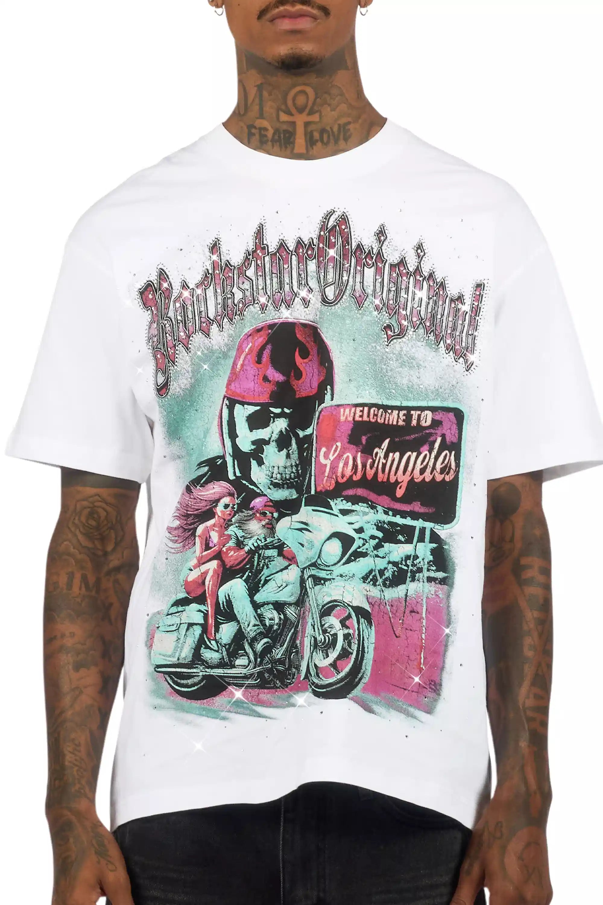 Reece White Graphic Rhinestone T-Shirt