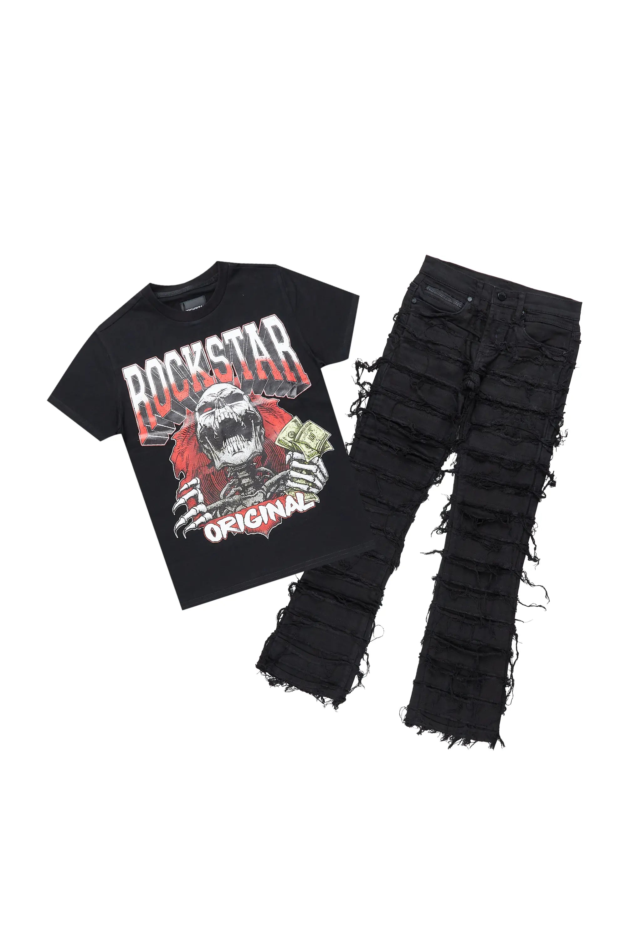 Boys Zytron Black T-Shirt/Stacked Flare Jean Set